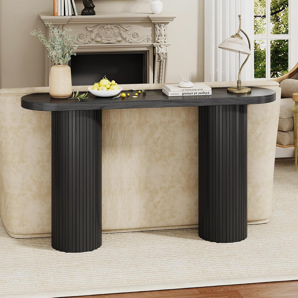 55 Inch Entryway Console Table, Fluted Sofa Table Behind The Couch, Mid-Century Modern Foyer Curved Table, Narrow Long Hallway Tables, Wooden Accent Home Decor Furniture for Living Room, Black