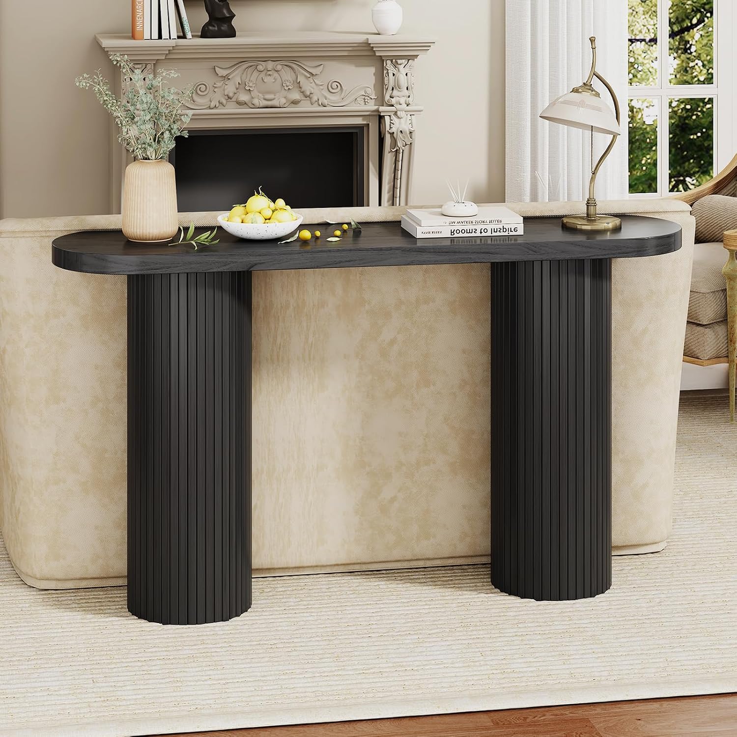 55 Inch Entryway Console Table, Fluted Sofa Table Behind The Couch, Mid-Century Modern Foyer Curved Table, Narrow Long Hallway Tables, Wooden Accent Home Decor Furniture for Living Room, Black