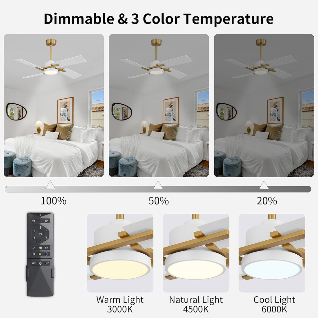 WINGBO 48 Inch Ceiling Fan with Light and Remote, 4 Plywood Blades, 6-Speed Reversible DC Motor, Dimmable, 3CCT, Farmhouse Ceiling Fan for Bedroom Living Room Kitchen, Brass and White/Oak