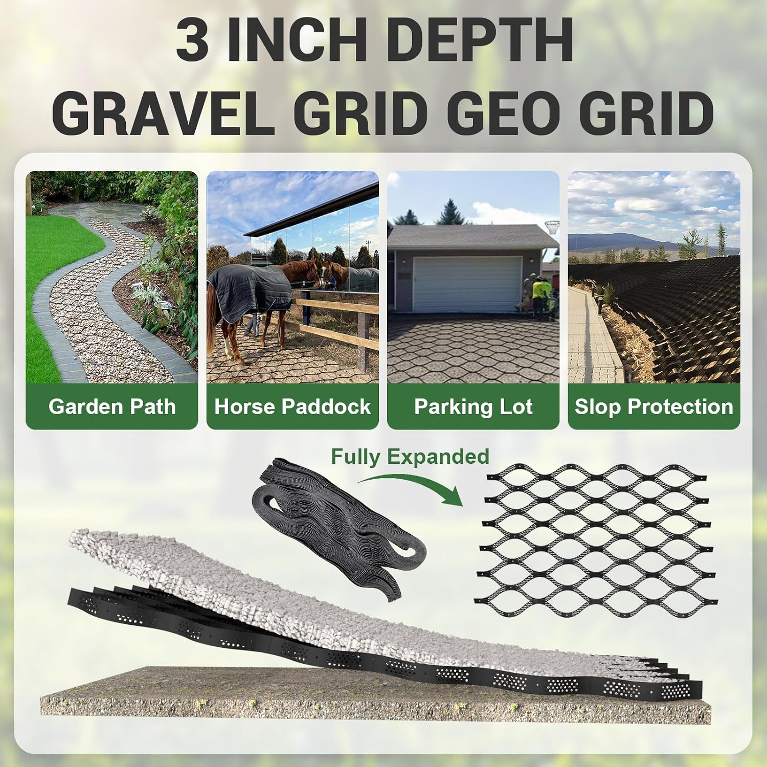 Gravel Grid 4.4x33 FT with 50Pcs Landscape Staples, 4'' Thick Geogrid Ground Grid 2200 lbs per Sq Ft Erosion Control Geo Grid for Driveway, Walkway, Horse Paddock, Patio, Parking Lot, Slope