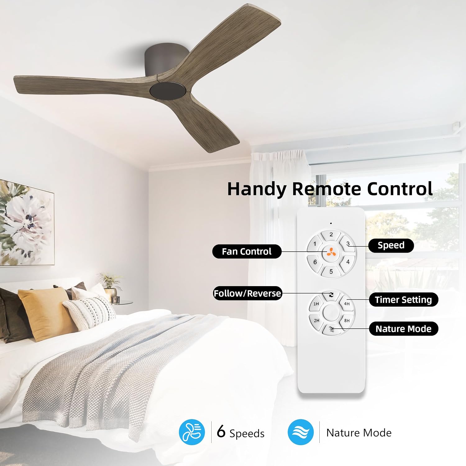 WINGBO 48 Inch Flush Mount DC Ceiling Fan without Lights, 3 Carved Wood Blades, 6-Speed Noiseless Reversible DC Motor, Hugger Ceiling Fan No Lights in Graphite Finish with Gray Blades, ETL Listed