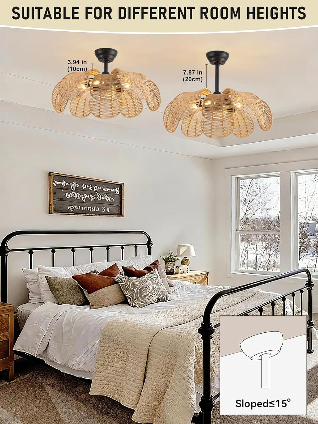 Boho Ceiling Fan with Light, Rattan Fandelier Ceiling Fan with Light and Remote Control, Flower Chandelier Fan for Bedroom, Living Room,Kitchen,Foyer(26 Inch, 6 Speed, Timing Adjustable Height)