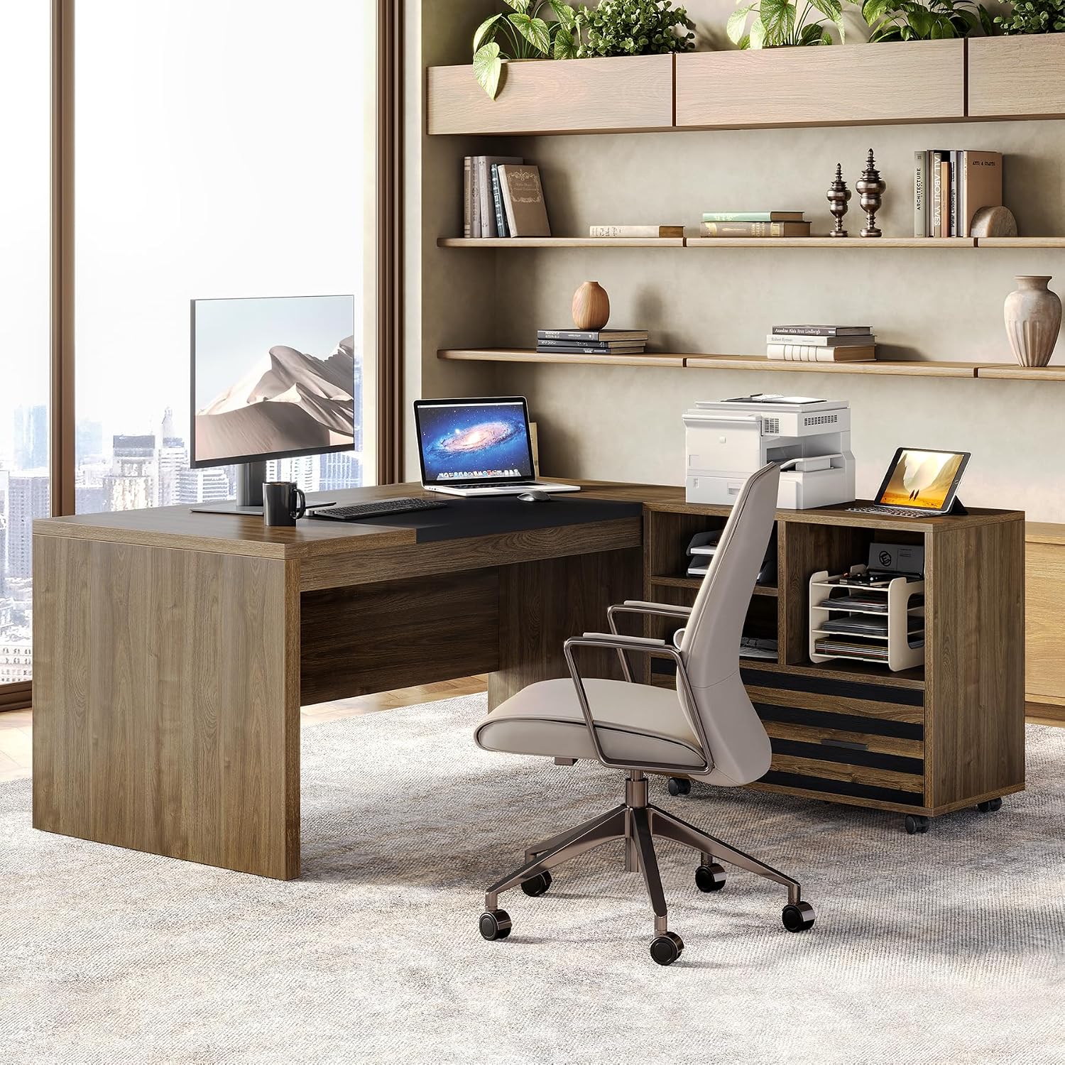 LITTLE TREE L-Shaped Computer Desk with File Cabinet Combo, 63-Inch Office Desk, 31-Inch Filing Cabinet with Storage & Drawer for A4/Letter/Legal Size File, Large Business Furniture for Home Office