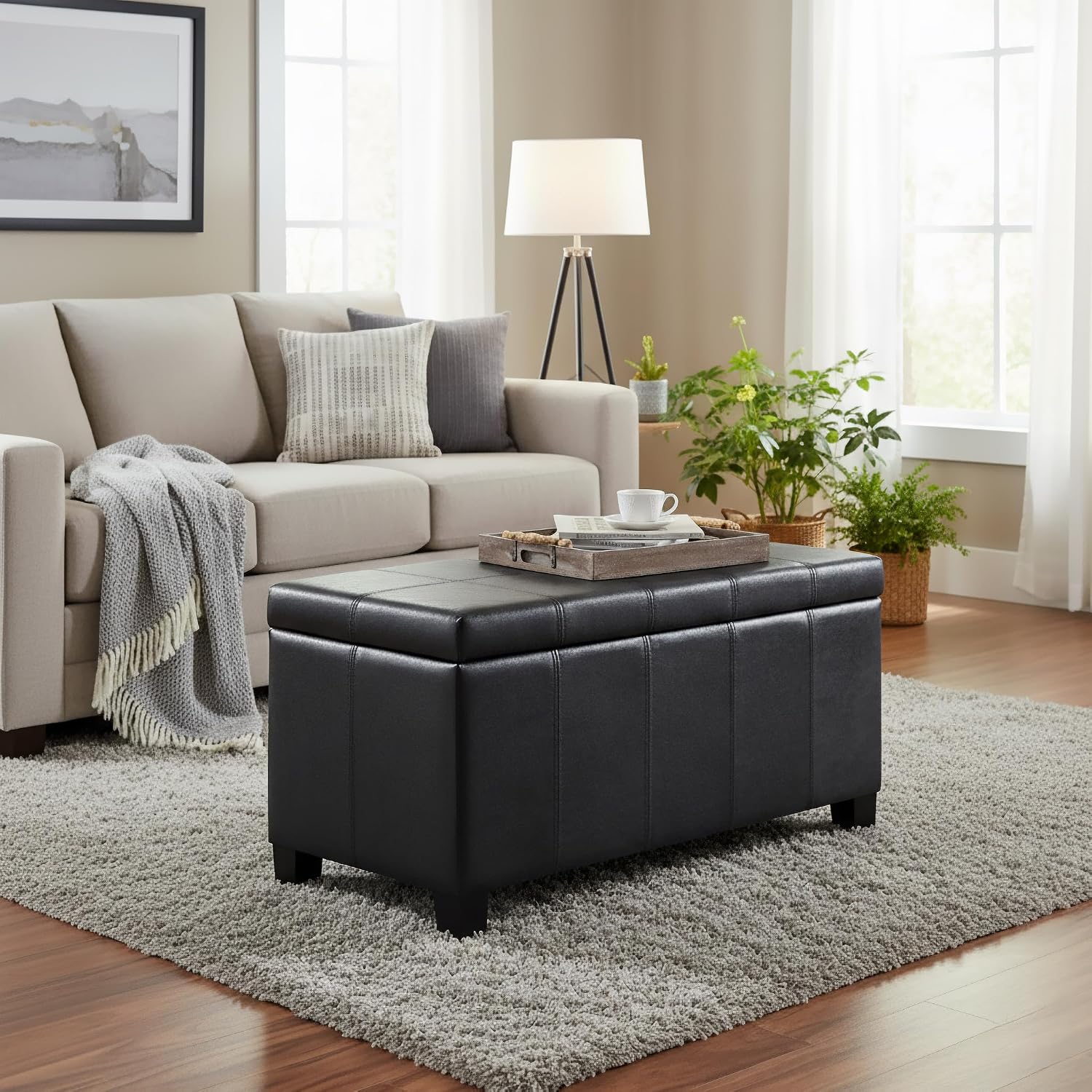 SIMPLIHOME Dover Storage Ottoman Bench - 36 inch Wide Upholstered Vegan Leather Rectangle Storage Ottoman Bench in Distressed Graphite Black, Contemporary Ottoman for Living Room with Lift-Up Lid