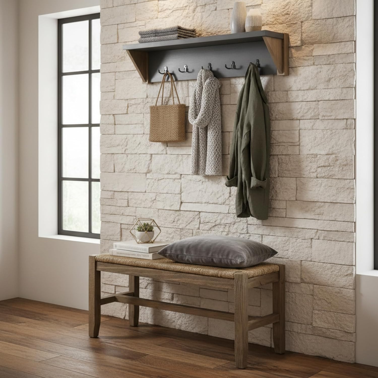 Alaterre Furniture Newport 40' Coat Hook with Shelf and Rush Bench Set