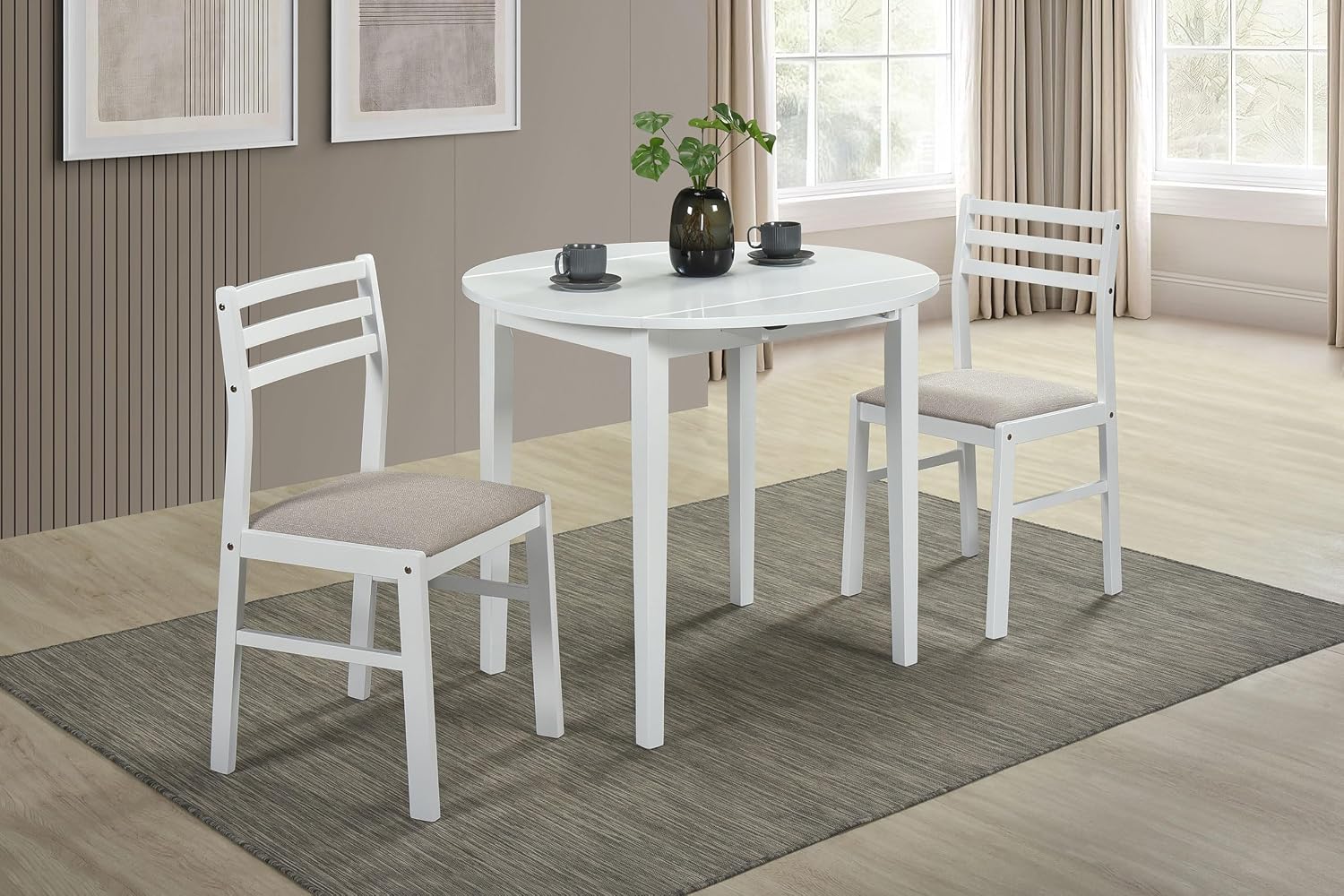 Coaster Home Furnishings - Bucknell - Wood - 3-Piece Extension Table Dining Set with Two 7-Inch Drop Leaves, Ladder-Back Chairs and Padded Seats - Dining Room - White - 130005WHT