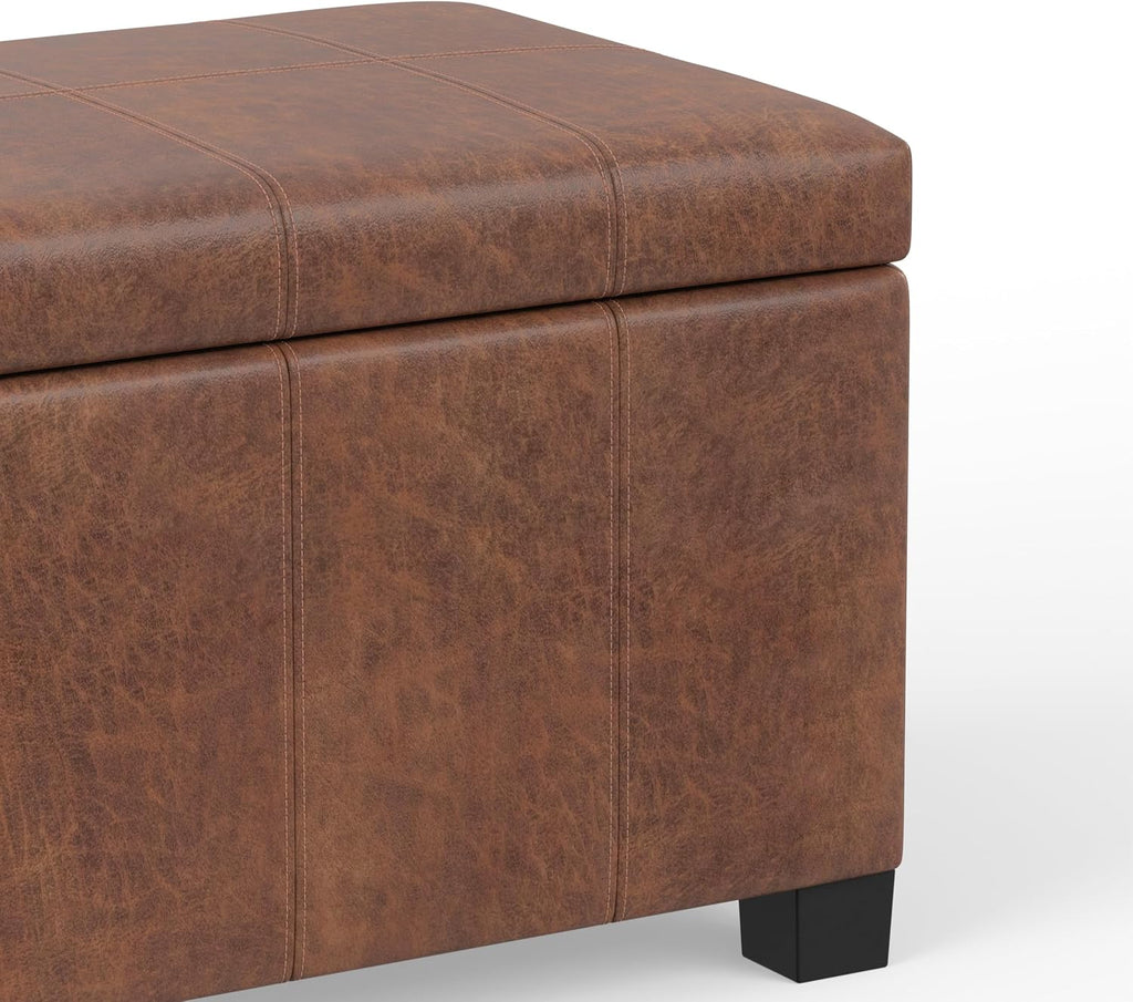 SIMPLIHOME Dover Storage Ottoman Bench - 36 inch Wide Upholstered Vegan Leather Rectangular Lift-Top Ottoman in Distressed Umber Brown, Contemporary Bench for Living Room with Safety Hinges