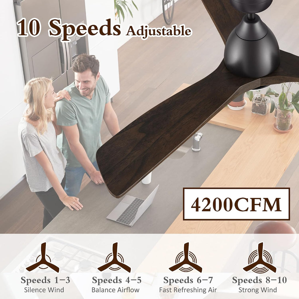 48' Smart Low Profile Ceiling Fans with Dimmable Lights Remote,Quiet BLDC Motor,Outdoor Indoor Downrod Mount Ceiling Fan,Control with WIFI Alexa App,3 Walnut Solid Wood Blades,for Modern Bedroom