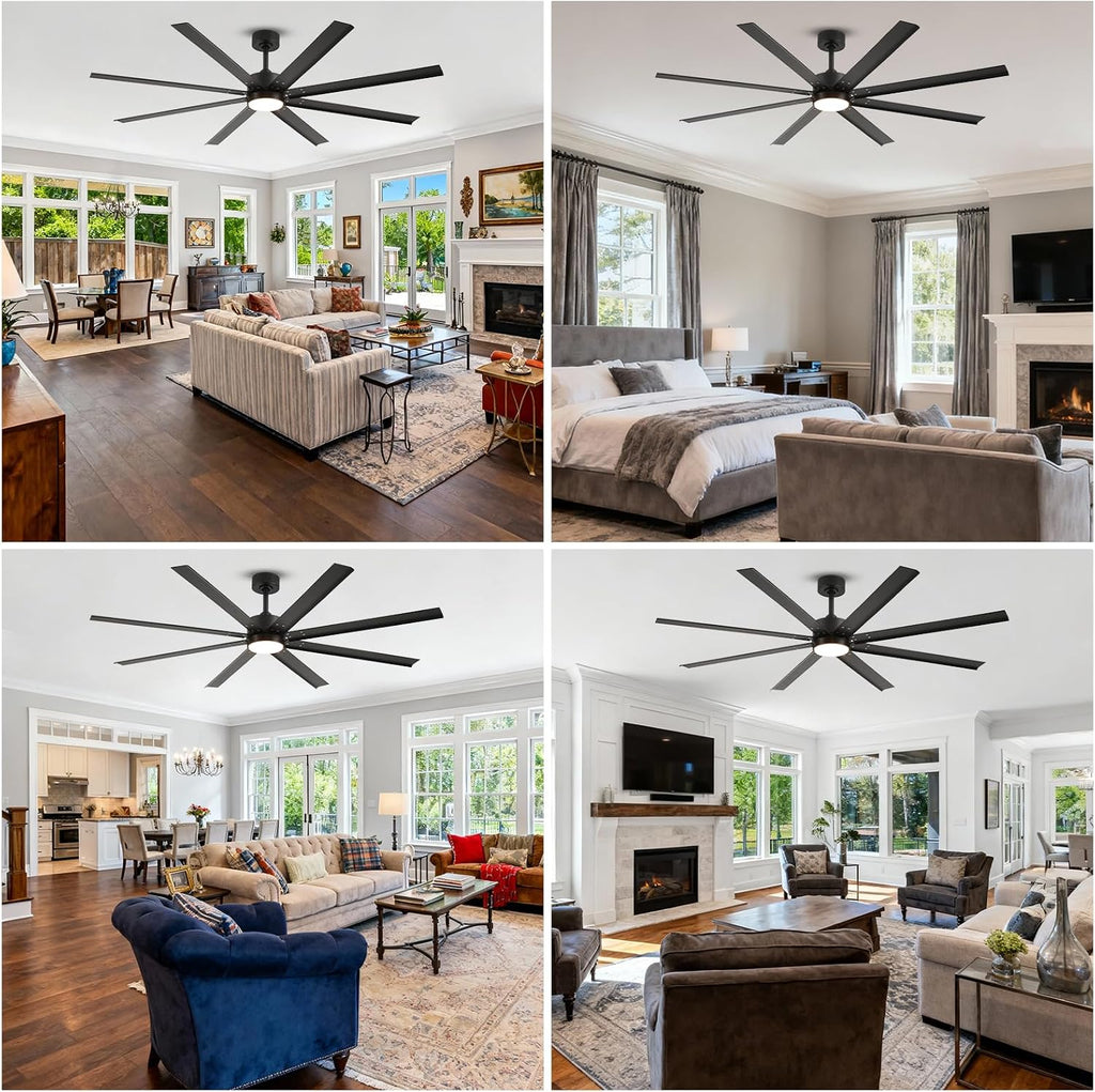 65 Inch All-Weather Outdoor Ceiling Fan with Light and Remote, IP65 Wet Rated, High CFM, 8 Large Black Waterproof Aluminum Blades, Energy Efficient Quiet DC Motor for Patio, Porch, Pergola, Garage