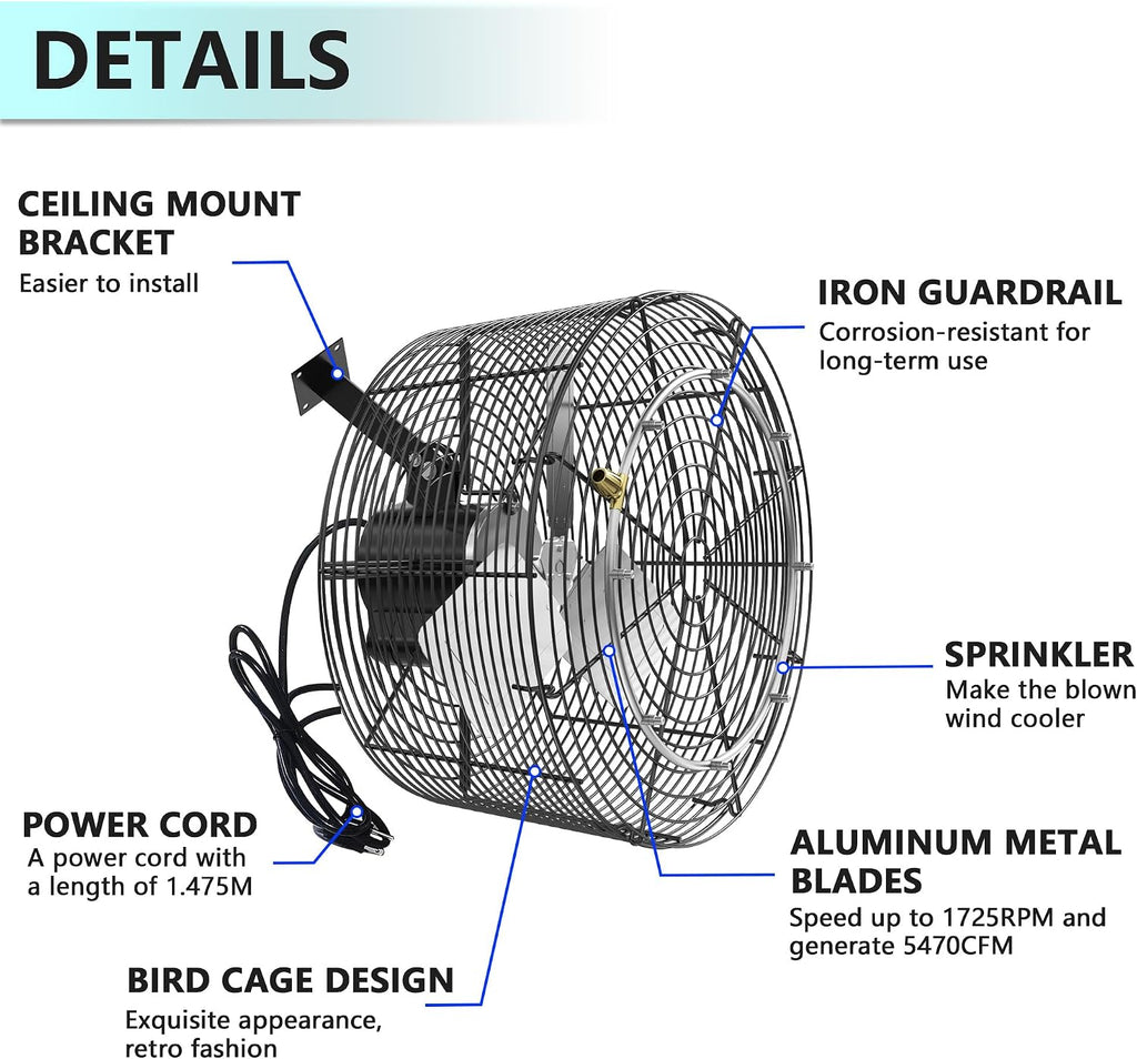 Greenhouse Air Circulation Fan with Mist and Water Pipe 1/3 HP 115V Ceiling Wall Mount Fan High Speed Circulation for Greenhouse, Warehouse, Patio, Garage 5470CFM, 18000BTU, ETL Listed