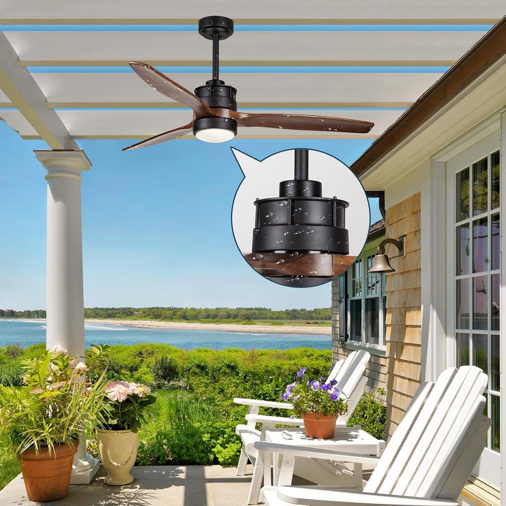 EKIZNSN 42 Inch Wet Rated Outdoor Ceiling Fan with Lights for Patios Waterproof Outdoor and Indoor use, DC Motor w 3 Reversible Walnut Wood Blades | Wet Rated Waterproof, DC Motor, 3 Reversible Walnut Wood Blades, Indoor and Outdoor Use