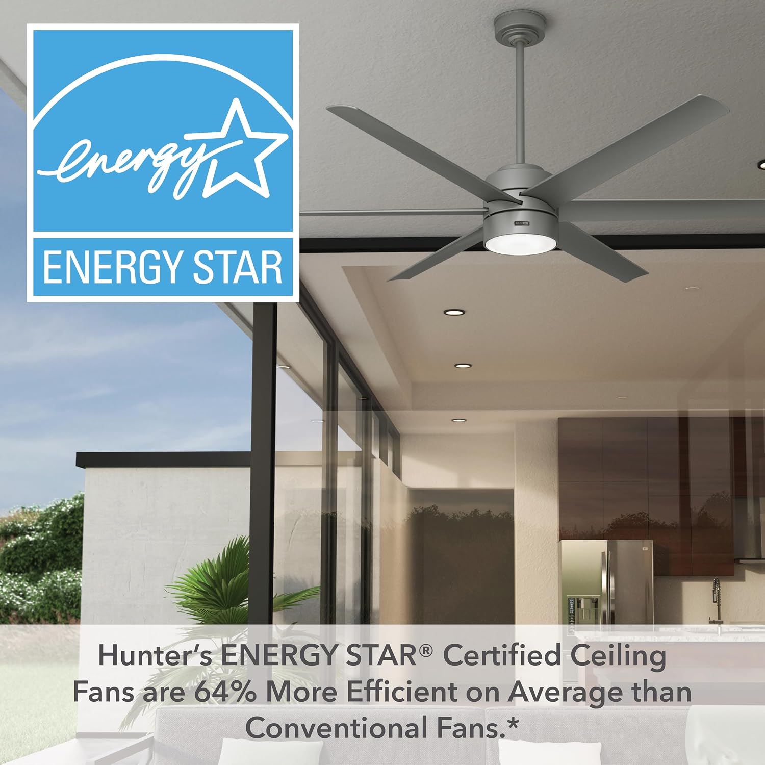 Hunter 72 inch Outdoor or Indoor Ceiling Fan with LED Light - Ceiling Fan with Wall Control, For Patio, Garage, or Porch, Quiet, Standard Mount, 6 Blades - Solaria 59629, Matte Silver