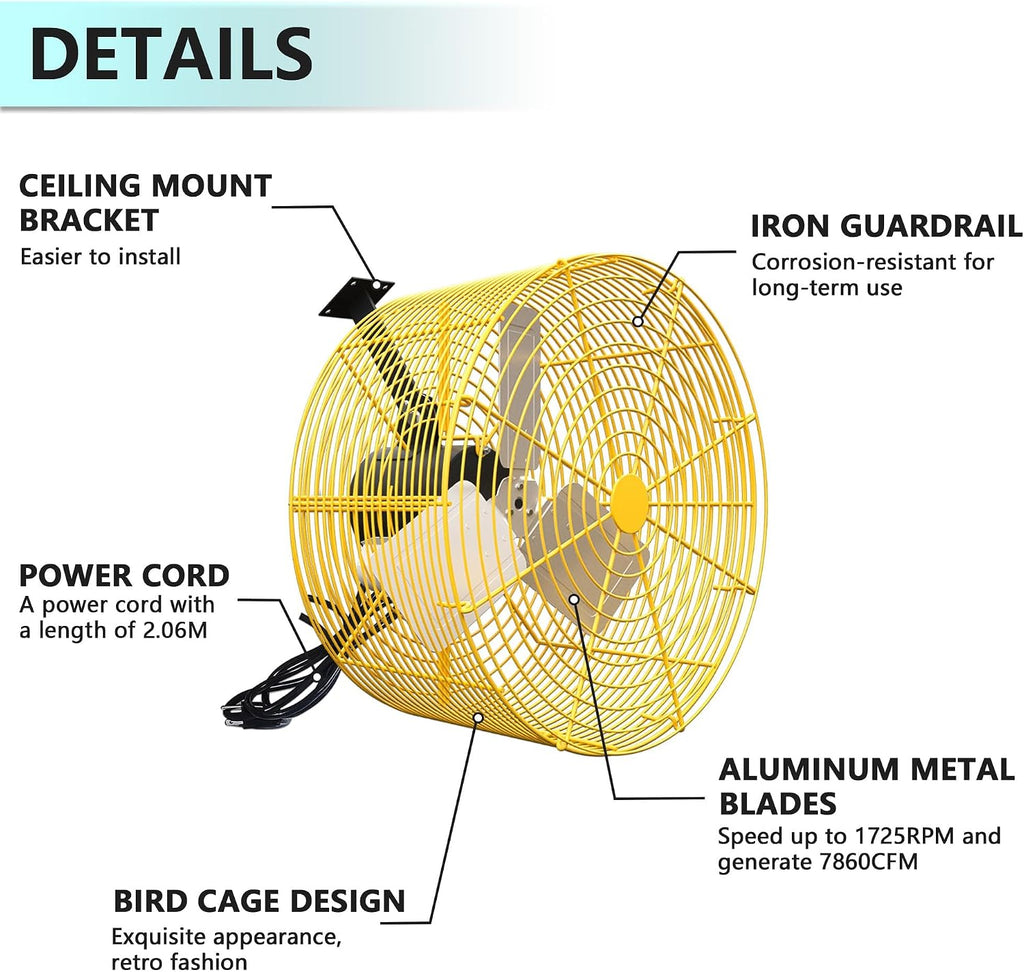 Greenhouse Circulation Fan Air Circulation Fan 1/2 HP 115V Ceiling Wall Mount Fan High Speed Circulation Fan for Greenhouse, Warehouse, Patio, Garage 7860CFM, ETL Listed