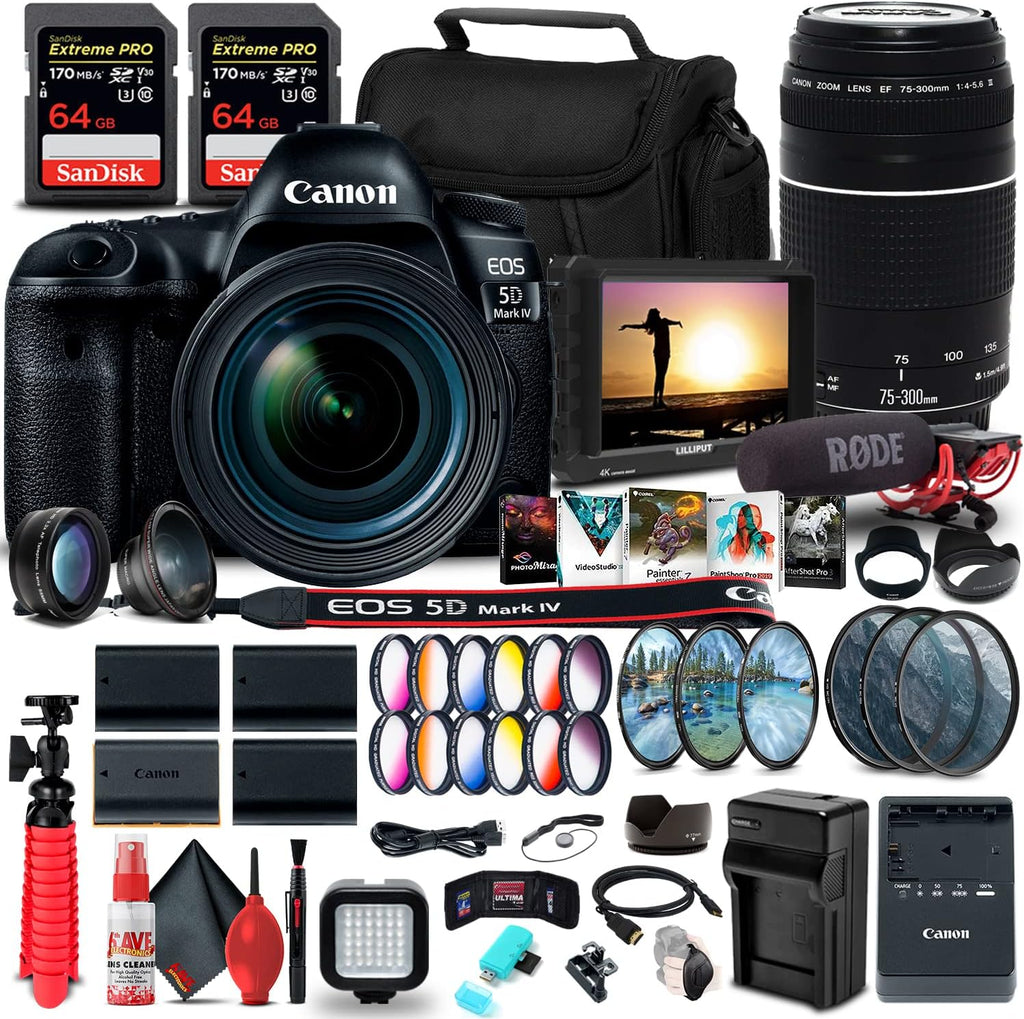 Canon EOS 5D Mark IV DSLR Camera with 24-70mm f/4L Lens (1483C018) + Canon EF 75-300mm f/4-5.6 III Lens (6473A003) + 4K Monitor + Pro Mic + 2 x 64GB Memory Card + Color Filter Kit + More