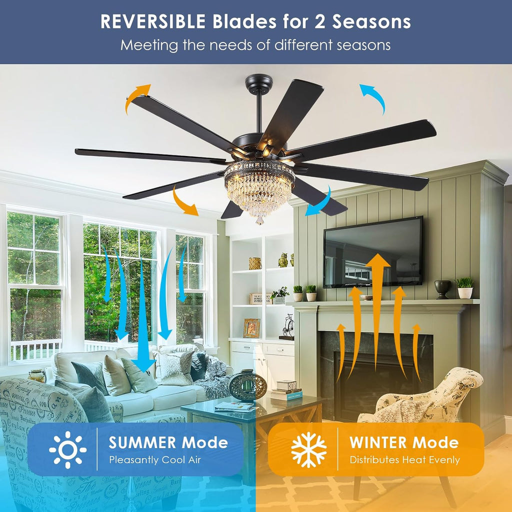 Asyko 72' Crystal Ceiling Fan Fandelier with Lights - Modern Crystal Chandelier Fans with Remote Control,Noiseless DC Motor, Retro/Farmhouse Lighting, Dining Room,Living Room