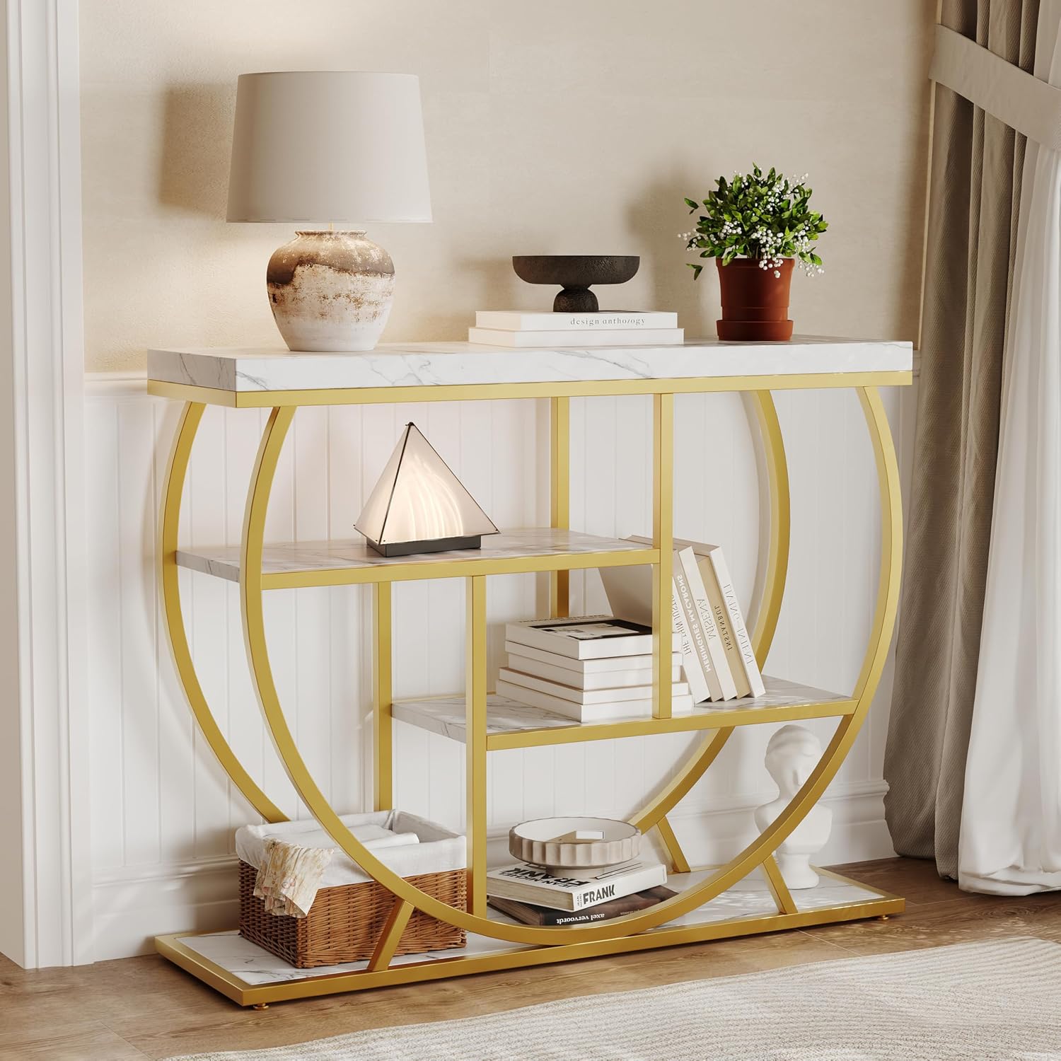 Garvee Entryway Table with Storage, Industrial 4-Tier Narrow Console Table Behind Couch with Half-Circle Base & Storage Shelves for Living Room, Hallway, Foyer