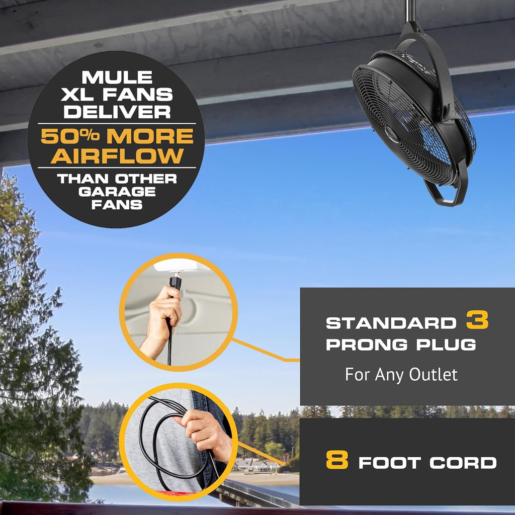 MULE Rugged Outdoor 18' Inch Fan, Dual Height Ceiling Mounting options, Standard 3-prong plug, 360-deg + up/down adjustable direction, 3-speeds, High Flow, 8 ft cord, Damp rated, Black Matte, 52008-5