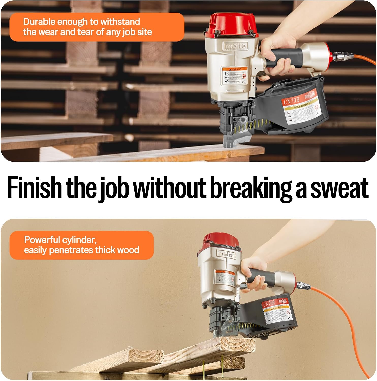 meite CN70B Pneumatic Coil Nailer with 15 Degree Siding Nails 2' × .099'' - Air Coil Nail Gun with 400PCS Magazine, 360° Adjustable Exhaust for Framing Sheathing Pallets Hardwood Projects