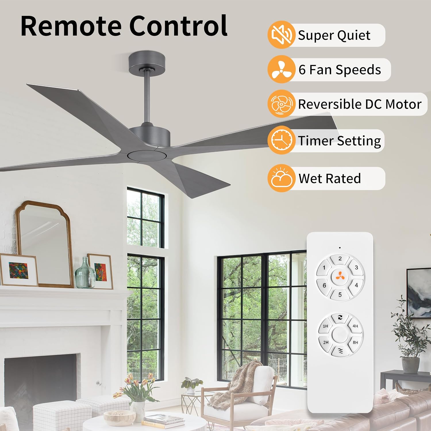 WINGBO 64' Wet Rated Outdoor Ceiling Fan without Lights, 4 ABS Plastic Blades, 6-Speed Reversible Quiet DC Motor, Waterproof Ceiling Fan No Lights for Patio Porch Gazebo Garage, Brushed Graphite