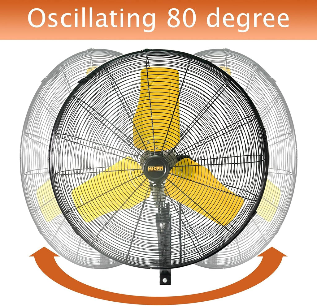 HiCFM 24' Oscillating Wall Fan, 8900 CFM High Velocity Industrial Wall Mounted Heavy Duty Shop Fans with 3 Speed Settings 80° Oscillation for Outdoor Commercial Garage Warehouse workshops Factory