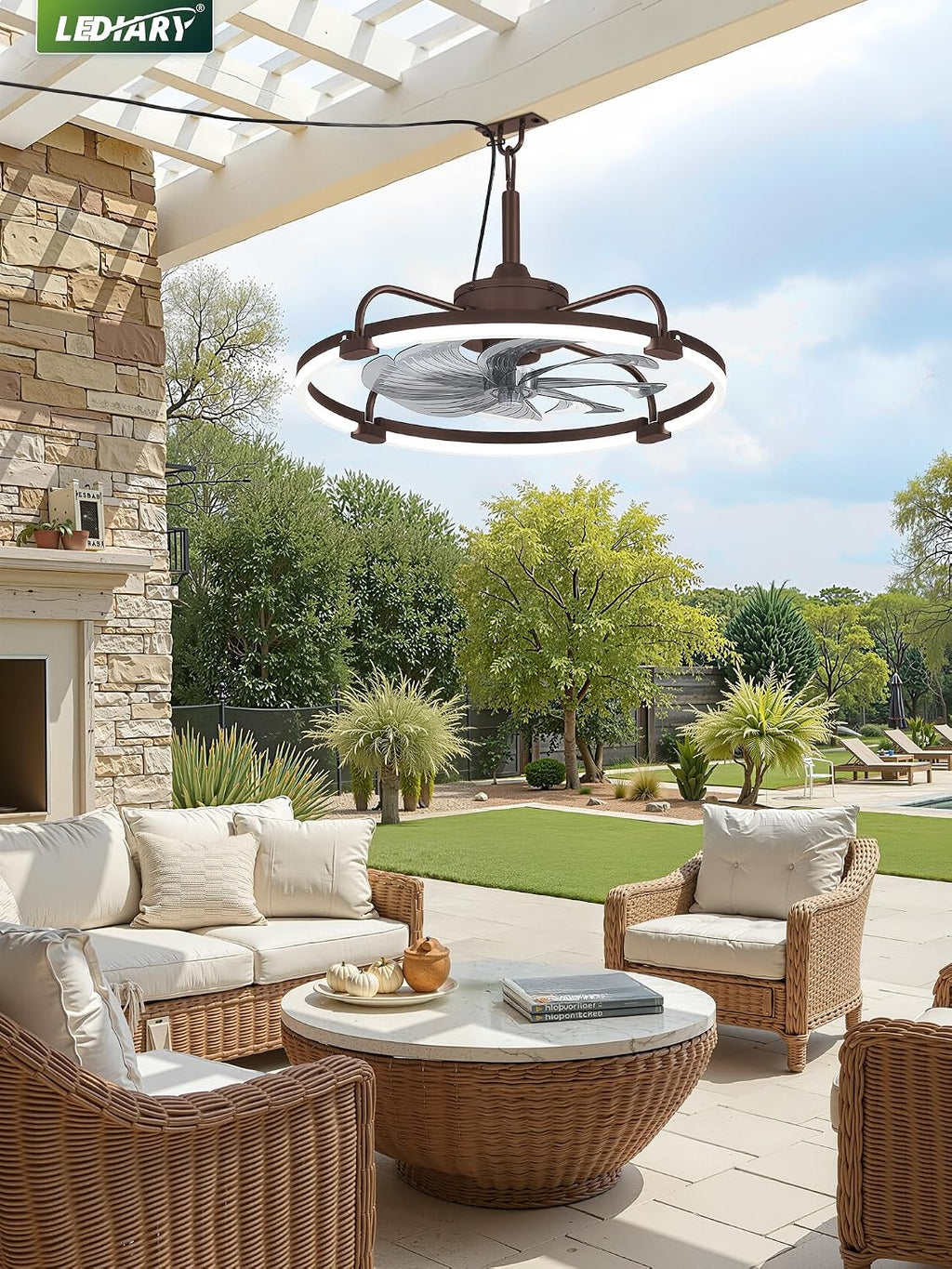 LEDIARY 24' Outdoor Ceiling Fans with Light for Patios, IP65 Waterproof Gazebo Fan, Plug-in Hanging Fan Remote&APP Control, 3CCT Dimmable, 6-Speeds, Caged Ceiling Fan for Gazebo,Patio,Pergola,Porch