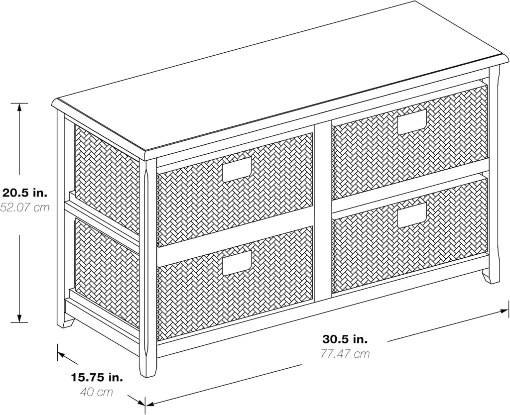 OSP Home Furnishings Seabrook Storage Tower with Solid Wood Frame and Natural Baskets, 2-Tier, 4-Drawer, White Finish