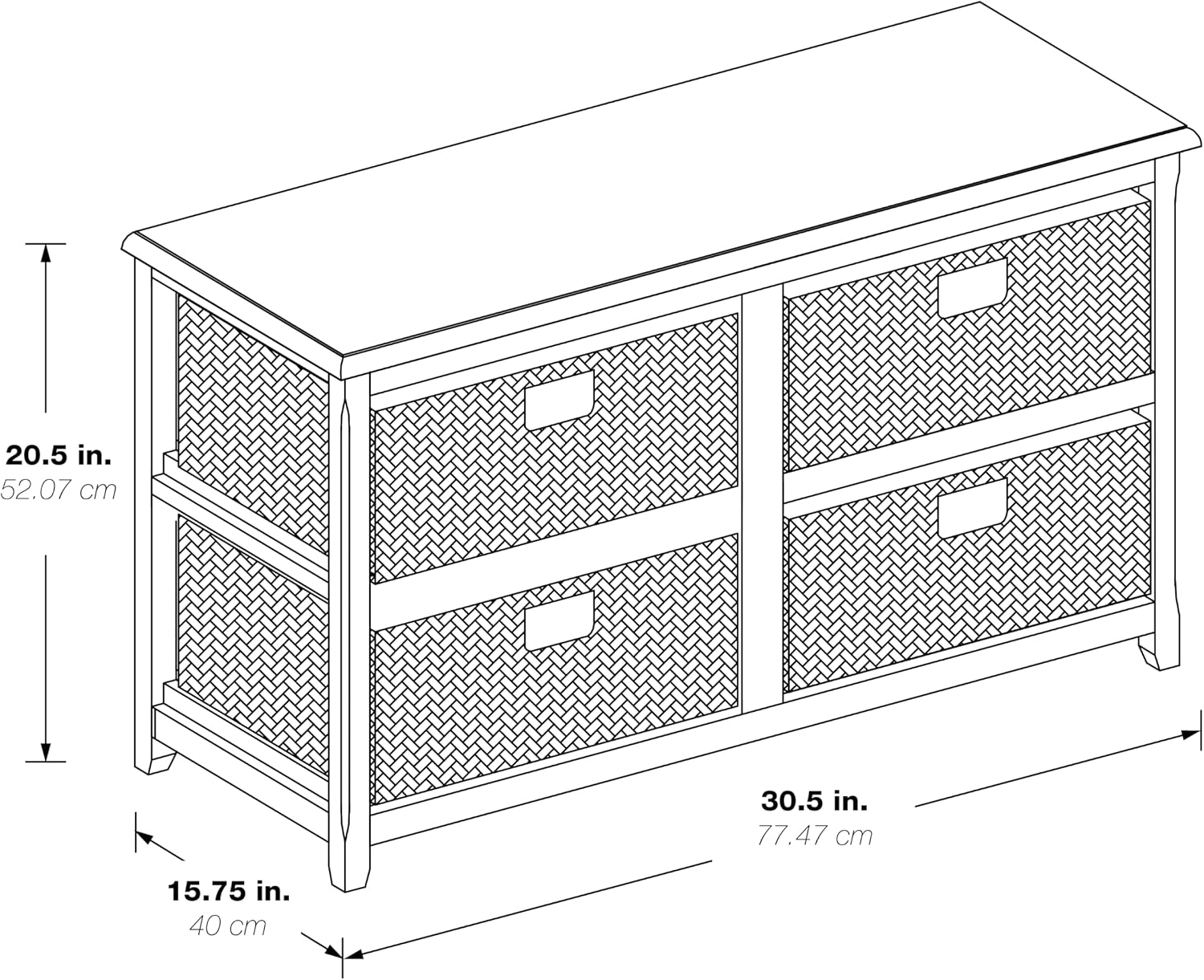 OSP Home Furnishings Seabrook Storage Tower with Solid Wood Frame and Natural Baskets, 2-Tier, 4-Drawer, White Finish