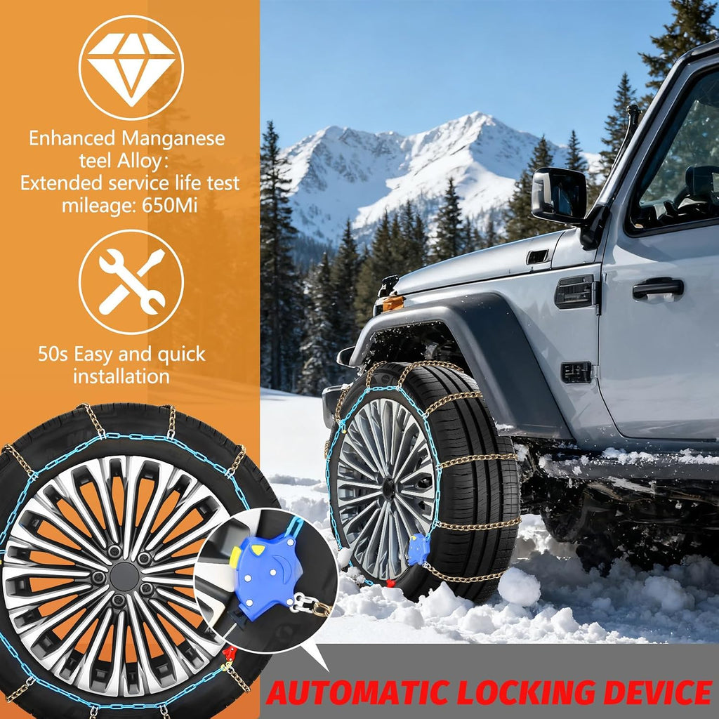 DEDC Auto Lock Snow Tire Chains,50s Quick Easy,Enhanced Manganese Steel Alloy,Endurance Life 650 Mi for Car SUV and Pickup Truck 245 255 265 275 295 315 Set of 2 (LS1619)