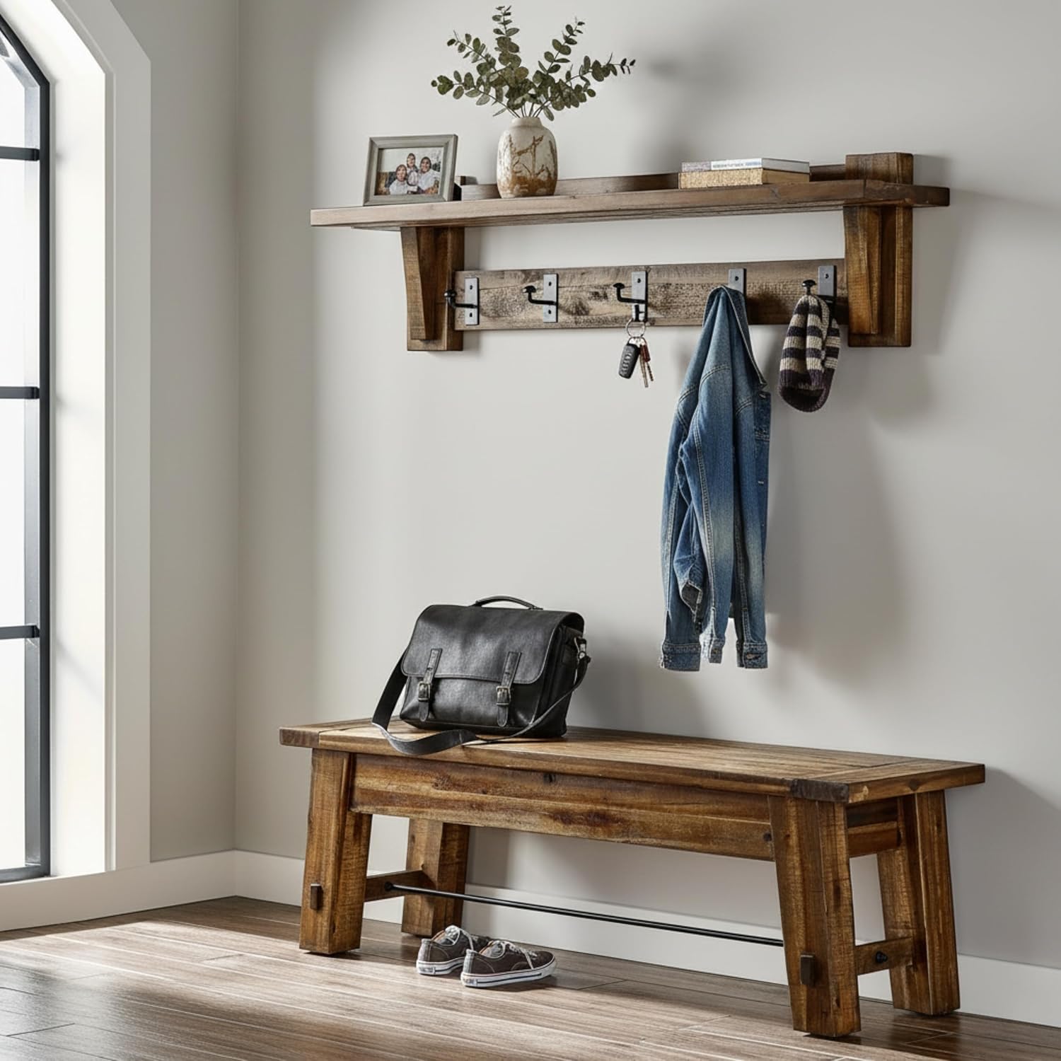 Durango 60-Inch Industrial Wood Coat Hook Shelf and Bench Set, Rustic Farmhouse Entryway Furniture with Metal Accents, 450 lbs Bench Capacity, Includes Cleat System for Easy Hanging