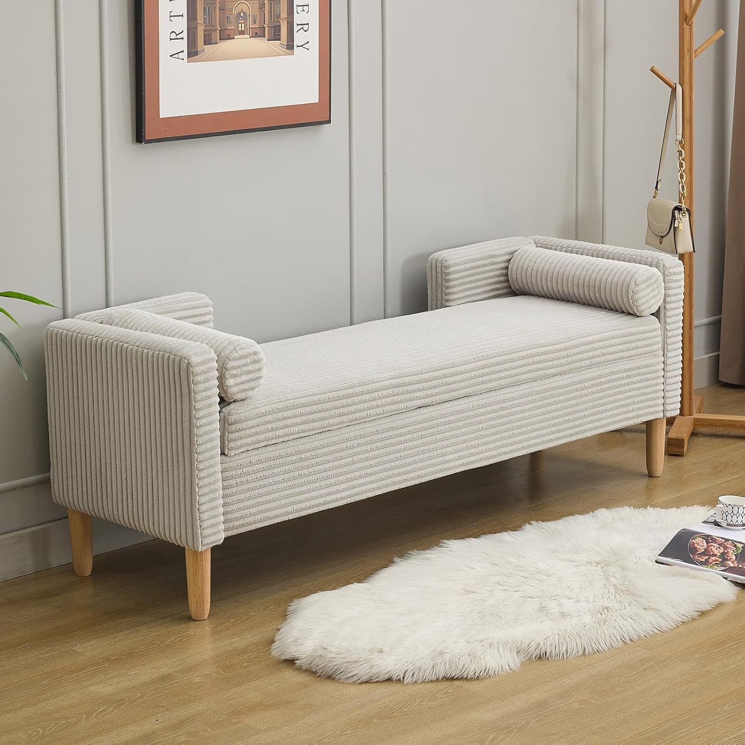 NIOIIKIT 65' Large Storage Ottoman Bench with 2 Pillows, Corduroy Upholstered Entryway Bench with Wood Leg, End of Bed Bench with Straight Armrest, Window Bench for Bedroom, Entryway (Light Grey)