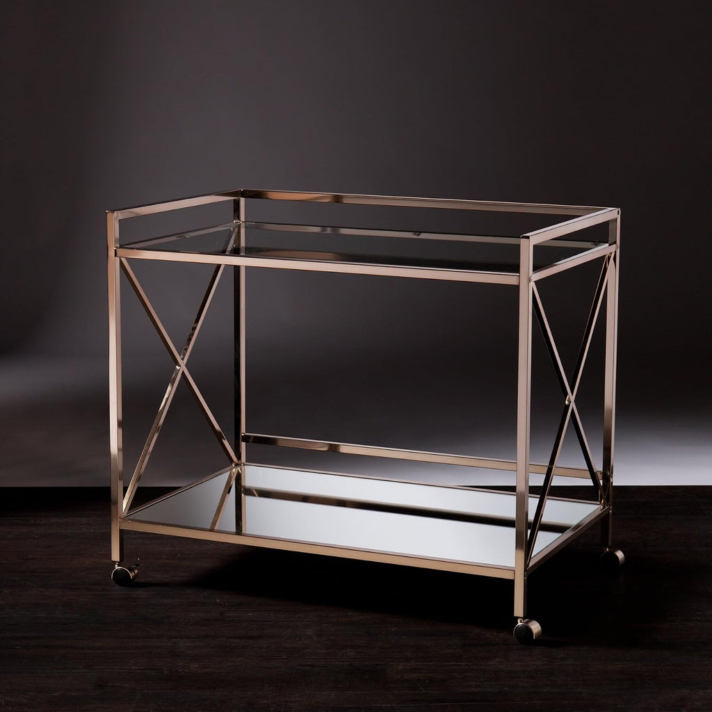 SEI Furniture - Maxton Bar Cart - Gold - Iron Metal & Mirrored Glass - Art Deco Design - Ideal for Living Rooms, Dining Rooms, Home Bars, 38.75'W x 23.3'D x 32.3'H (HZ2041)