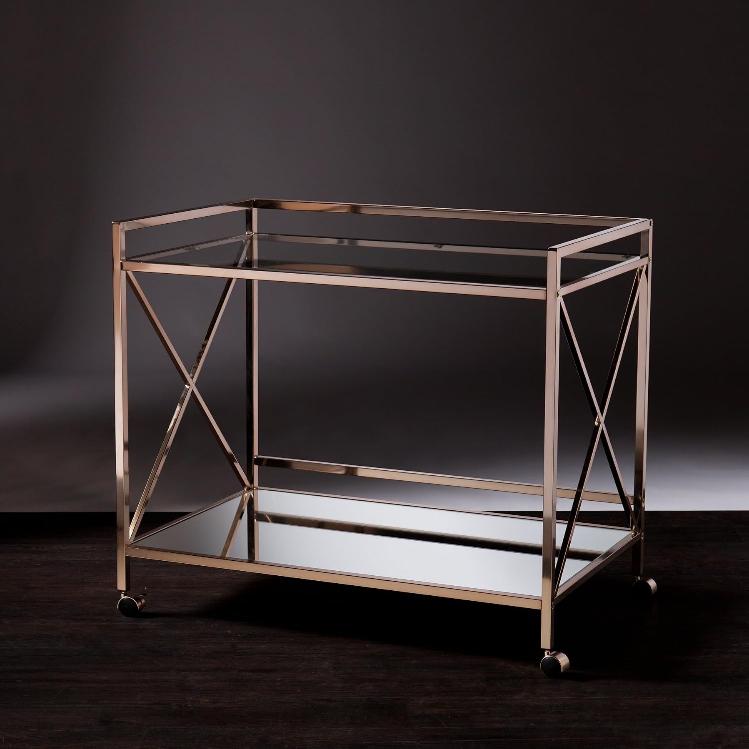 SEI Furniture - Maxton Bar Cart - Gold - Iron Metal & Mirrored Glass - Art Deco Design - Ideal for Living Rooms, Dining Rooms, Home Bars, 38.75'W x 23.3'D x 32.3'H (HZ2041)