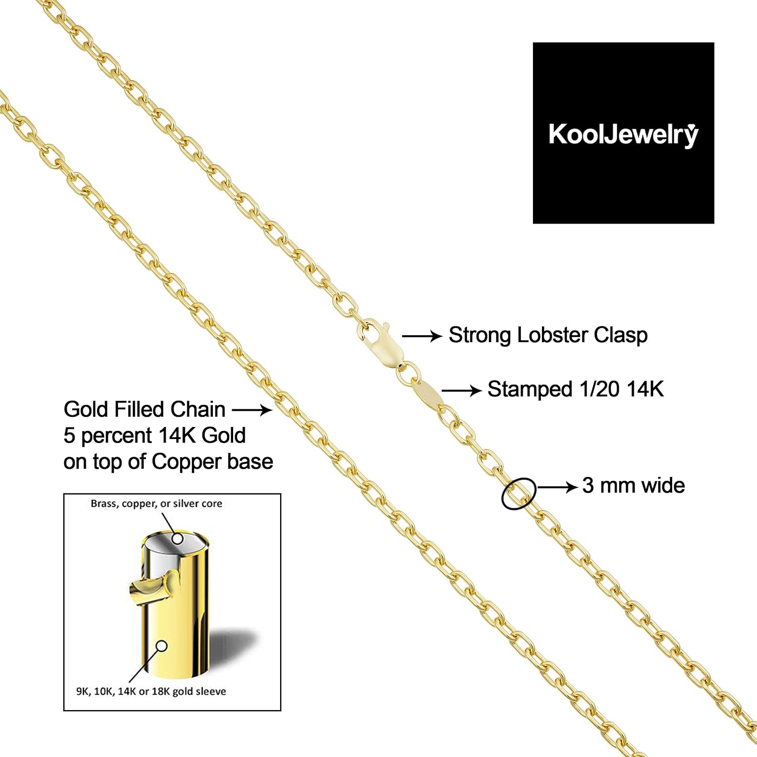 14k Yellow Gold Filled 3 mm Parallel Cable Link Chain Necklace for Women (16, 18, 20, 24 or 30 inch)