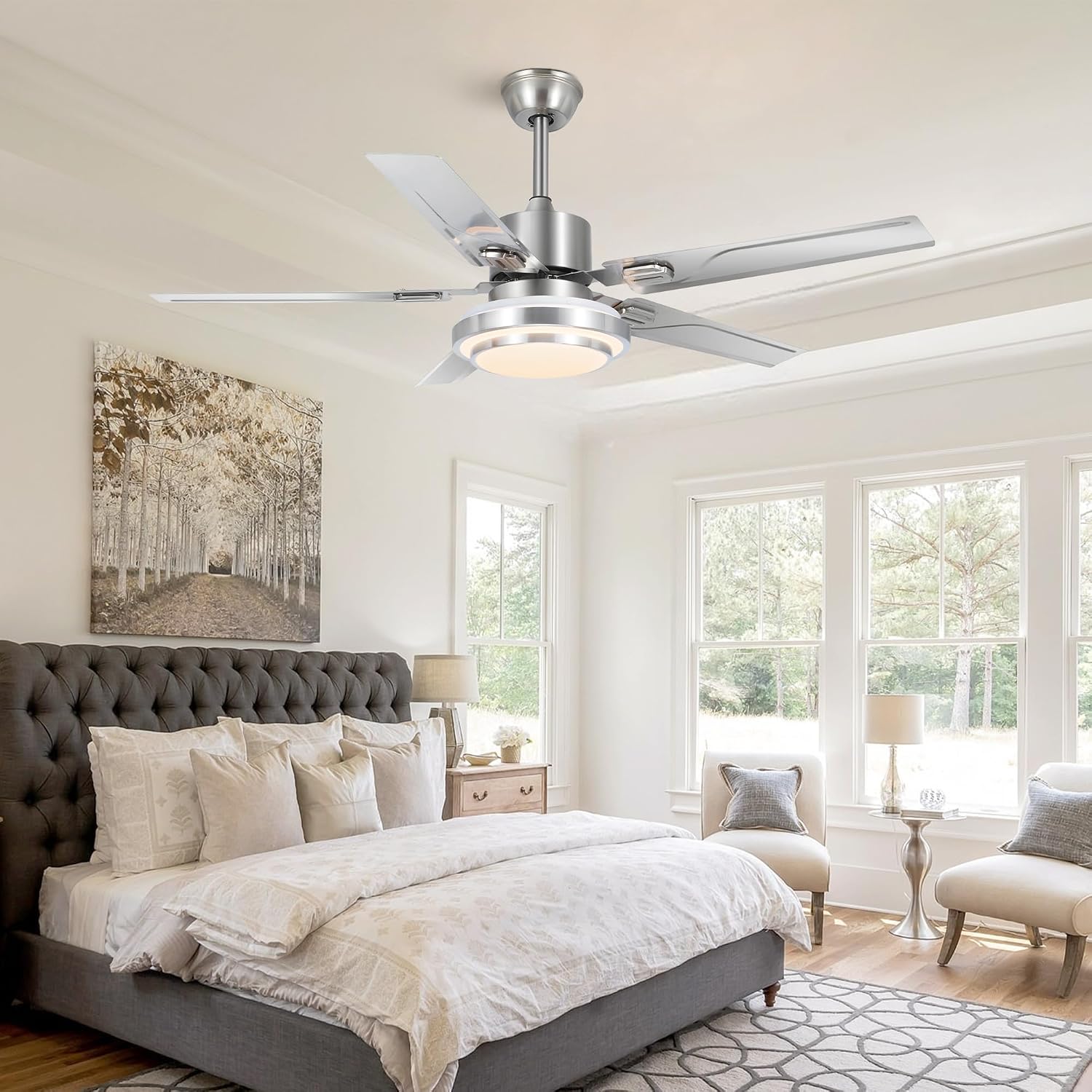 Modern Ceiling Fans with Lights Remote, 52'' Outdoor Ceiling Fan with Dimmable 3 Light Colors 3 Speed Reversible DC Motor, 5 Stainless Steel Blades Fandelier for Patio Porch Living Room