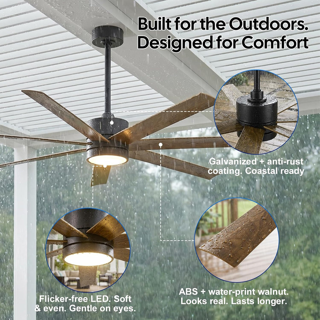 56 Inch Wet Rated Outdoor Ceiling Fan with Light, Waterproof All Weather 7 Brown Blades, Smart App/Voice/Remote Control, High CFM Quiet DC Motor & UV Coating, for Exterior Patios, Gazebo Porch Pergola