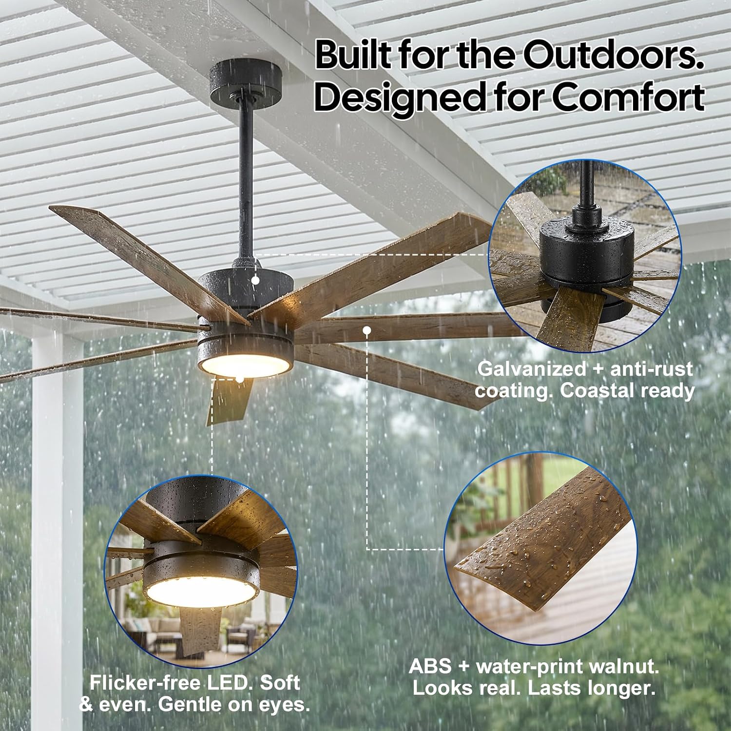 56 Inch Wet Rated Outdoor Ceiling Fan with Light, Waterproof All Weather 7 Brown Blades, Smart App/Voice/Remote Control, High CFM Quiet DC Motor & UV Coating, for Exterior Patios, Gazebo Porch Pergola