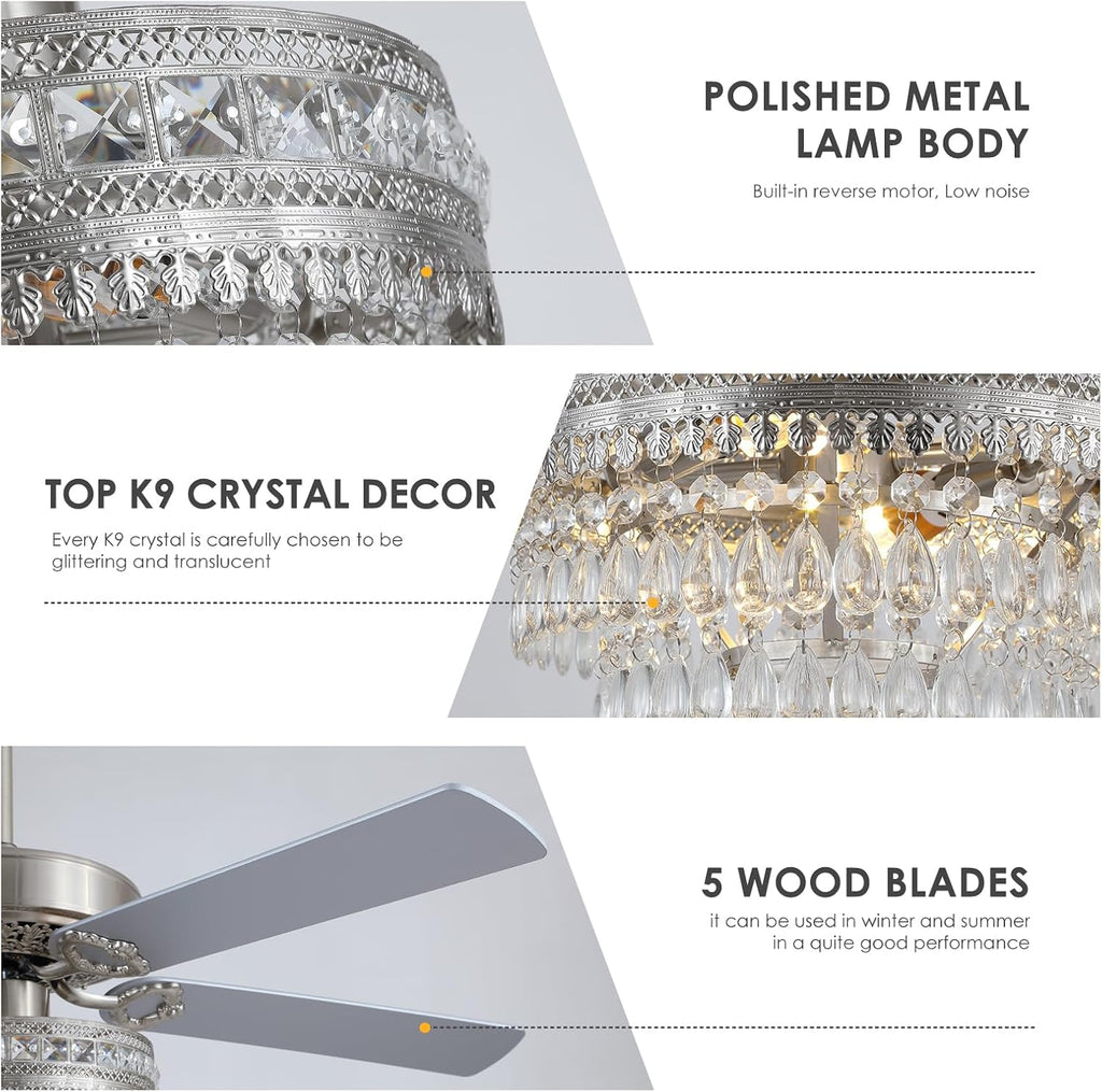 Asyko Crystal Ceiling Fan Fandelier with Lights and Remote Control，52' Modern Silver Chandelier Ceiling Fans with Reversible Blades, Silent Motor，Fandelier Ceiling Fan with Light Chrome