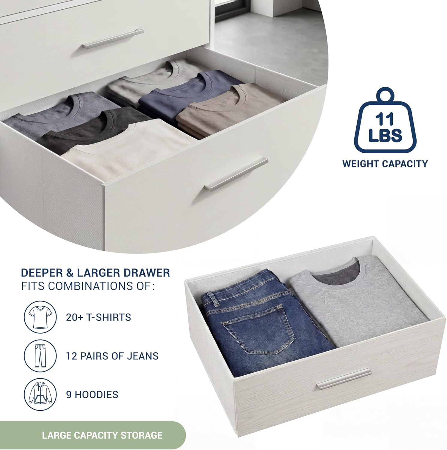 Modern 6-Drawer Dresser with Spacious Storage, Sturdy Wood Frame, Large Capacity Fabric Drawers, Dressers for Bedroom, Home Organization Storage for Living Room or Hallway, White