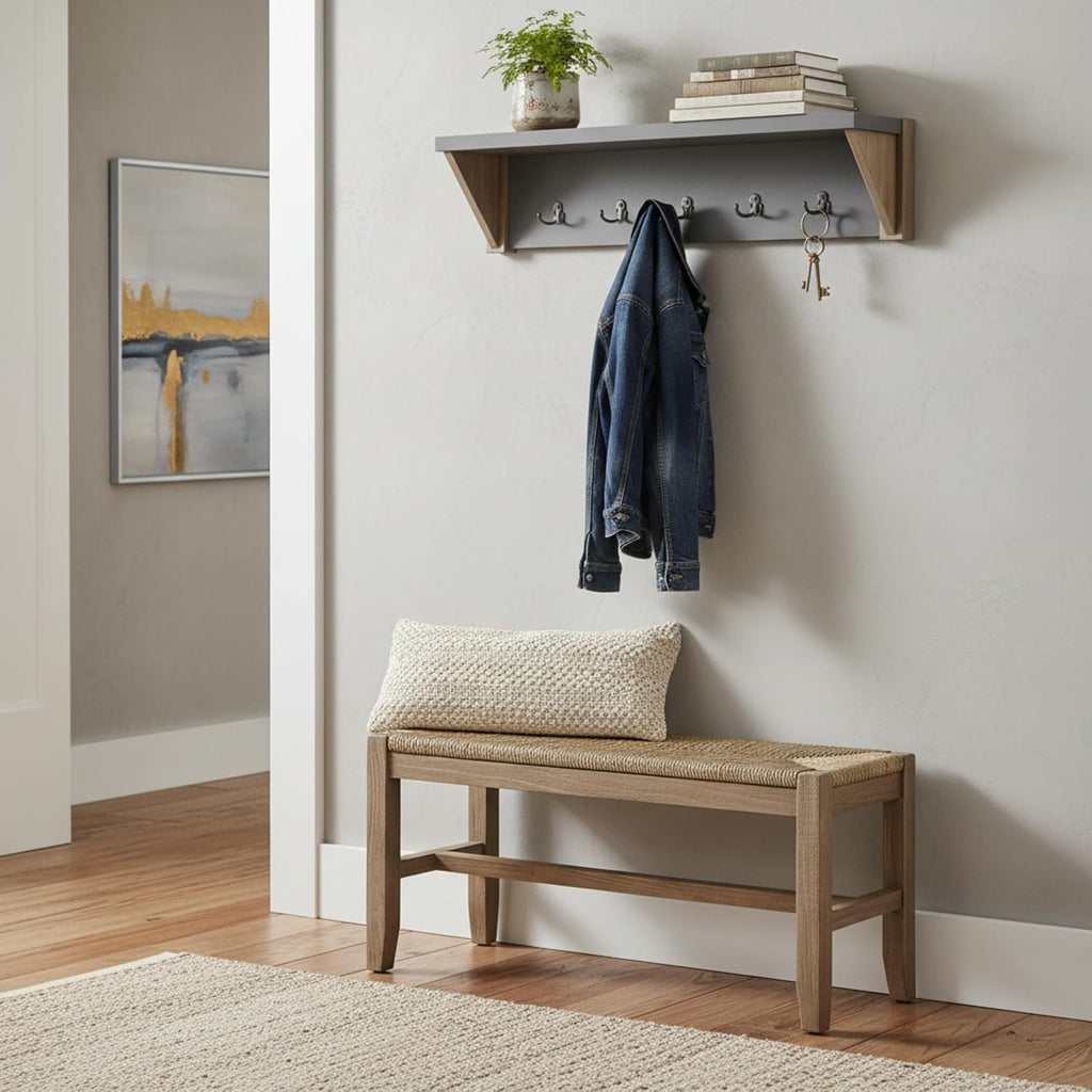 Alaterre Furniture Newport 40' Coat Hook with Shelf and Rush Bench Set
