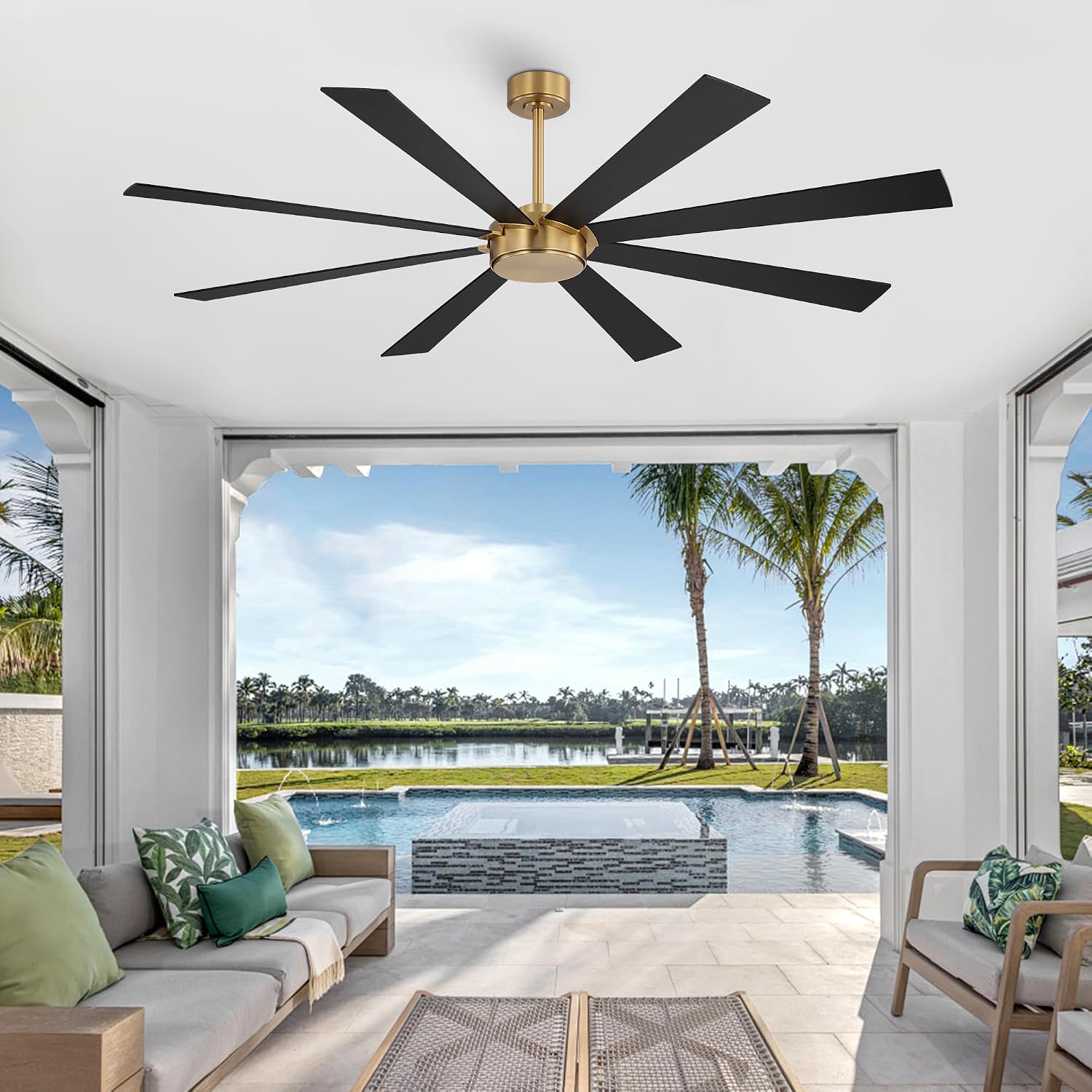 WINGBO 60' Ceiling Fan without Light, Modern Large Ceiling Fan with Remote Control, 6-Speed Reversible Noiseless DC Motor, Gold and Walnut/Black Blades for Living Room, Bedroom & Covered Outdoor