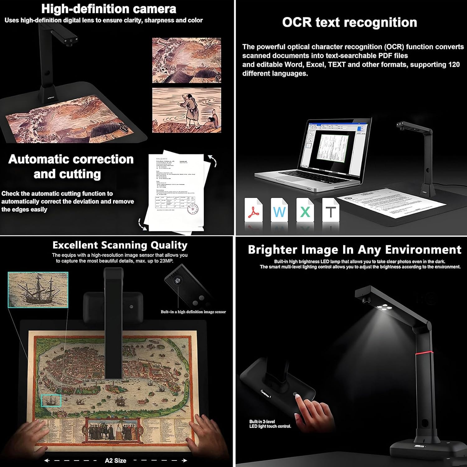 A2/3 Format Book Scanner, Large Format Book & Document Scanner, Resolution up to 23mp, 90° Foldable, auto Flatten and Fingerprint Removal Technology, for Engineering, Educate