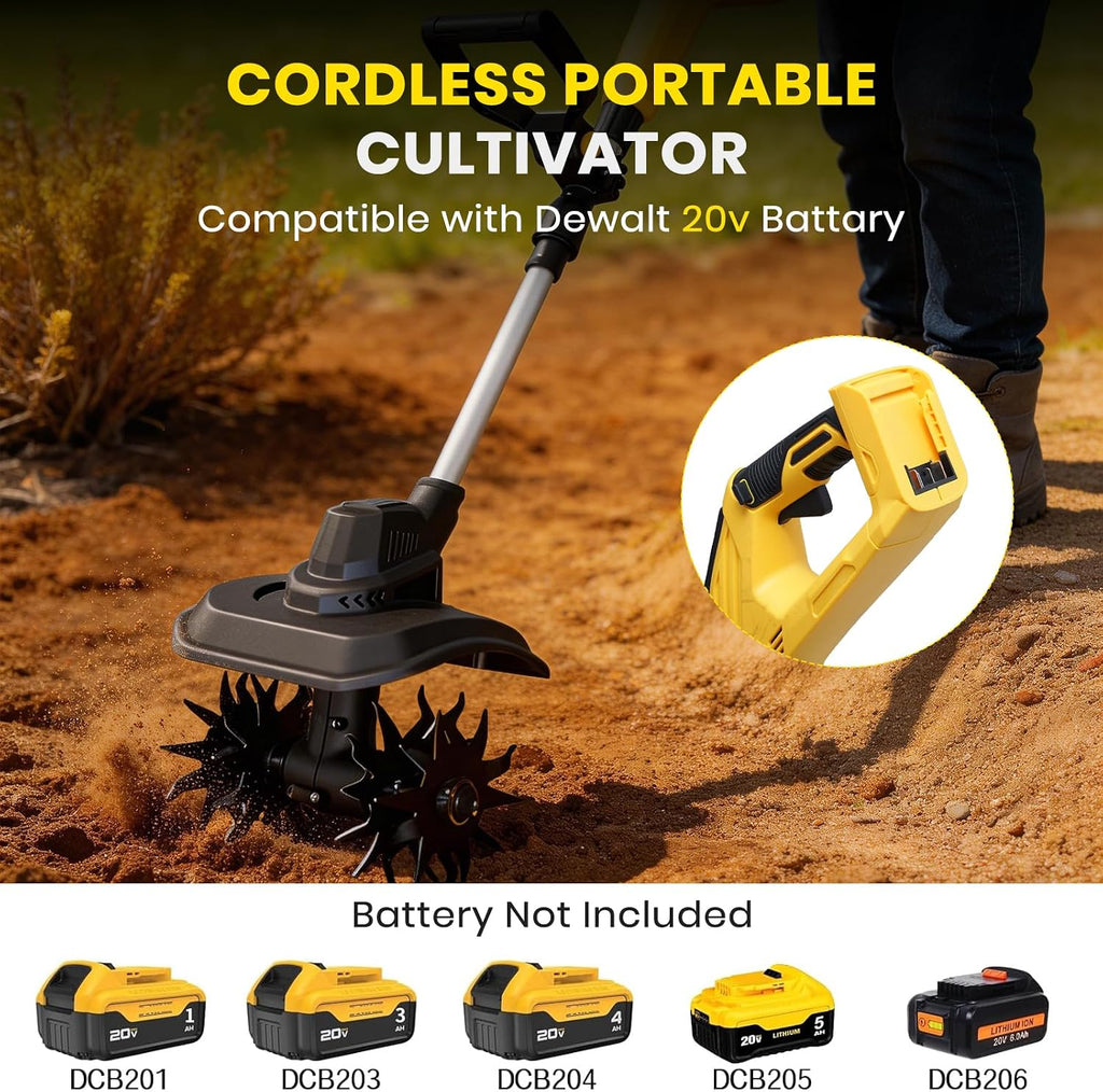 Cordless Tiller Cultivator Compatible with Dewalt 20V Battery(Tool Only), 9-Inch Tilling Width, 6.6-Inch Depth 360RPM Electric Brushless Tiller Garden Rototiller for Lawn/Gardening/Soil Cultivation