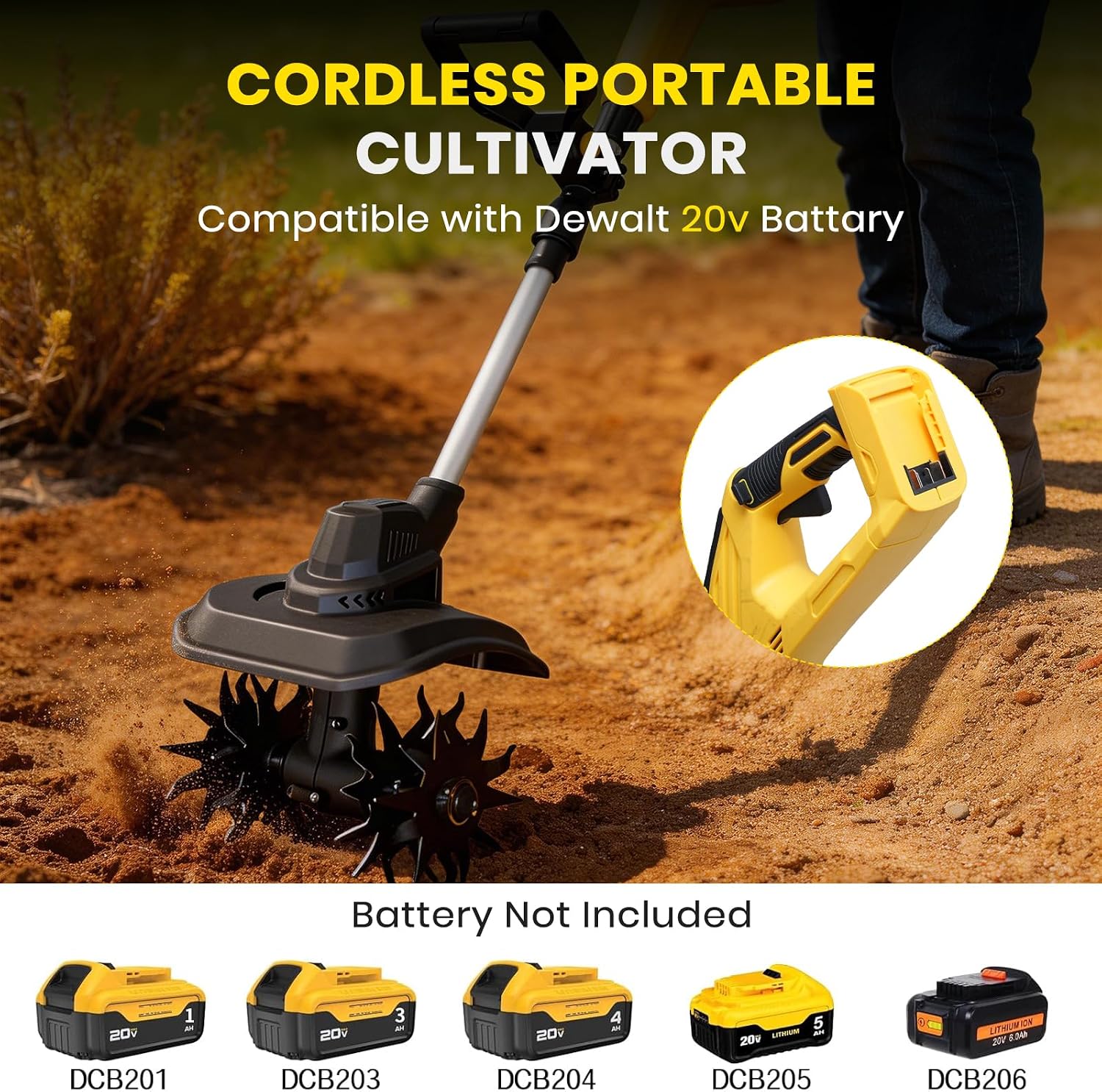 Cordless Tiller Cultivator Compatible with Dewalt 20V Battery(Tool Only), 9-Inch Tilling Width, 6.6-Inch Depth 360RPM Electric Brushless Tiller Garden Rototiller for Lawn/Gardening/Soil Cultivation