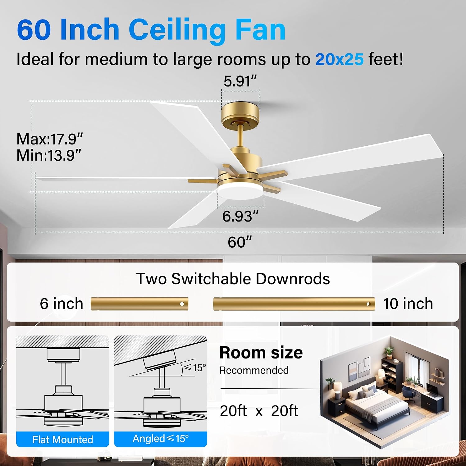 60 Inch Smart Ceiling Fan with Lights Remote,Control via Voice Alexa Google App Wifi,Silent DC Motor,Dimmable,Outdoor Indoor Modern Ceiling Fans for Large Bedroom Living Room Patio,Gold White Black