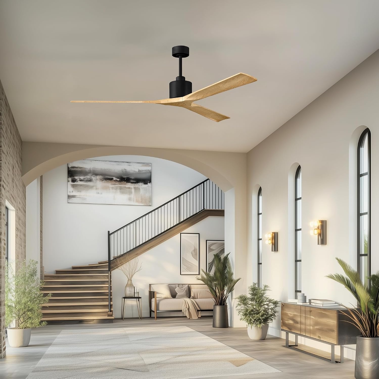 Matthews NKXL-BK-LM-72 Nan XL Damp Rated 72' Ceiling Fan with Remote and Wall Control, 3 Solid Wood Blades, Silent DC Motor, Matte Black with Light Maple Tone