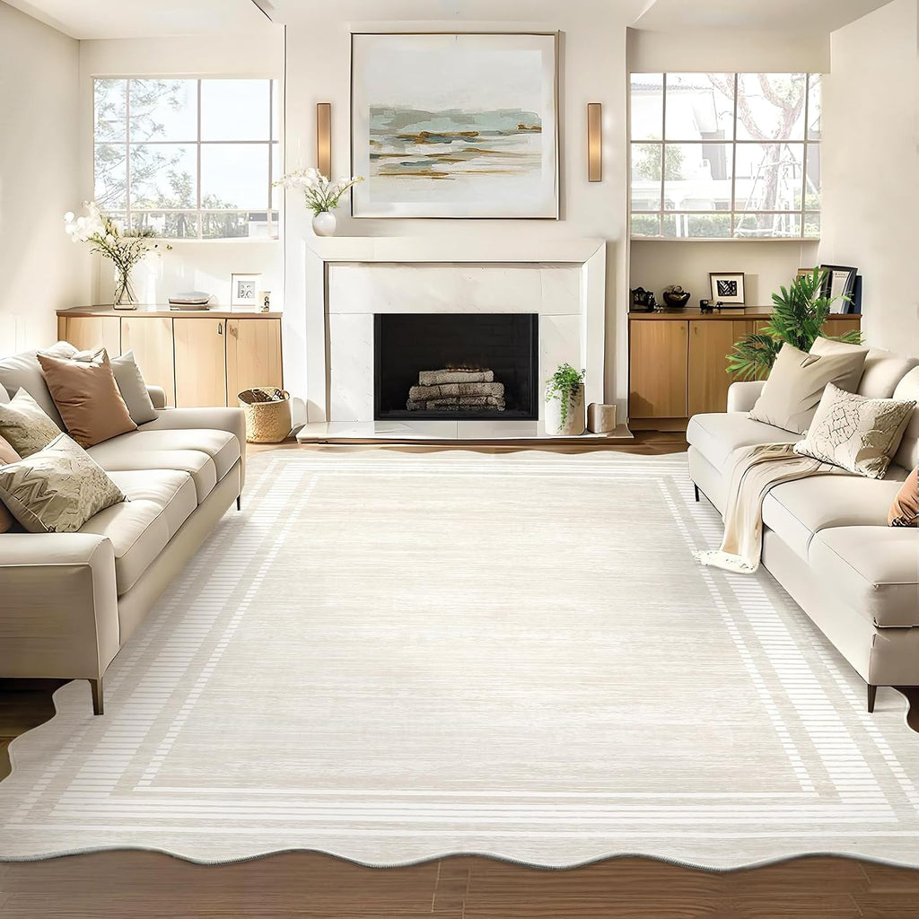 GarveeHome Washable Scalloped Rug 10x13 Area Rugs, Modern Neutral Living Room Rugs, Large Washable Solid Farmhouse Carpet Abstract Bordered Carpet for Bedroom Apartment Table Dorm Nursery, Cream