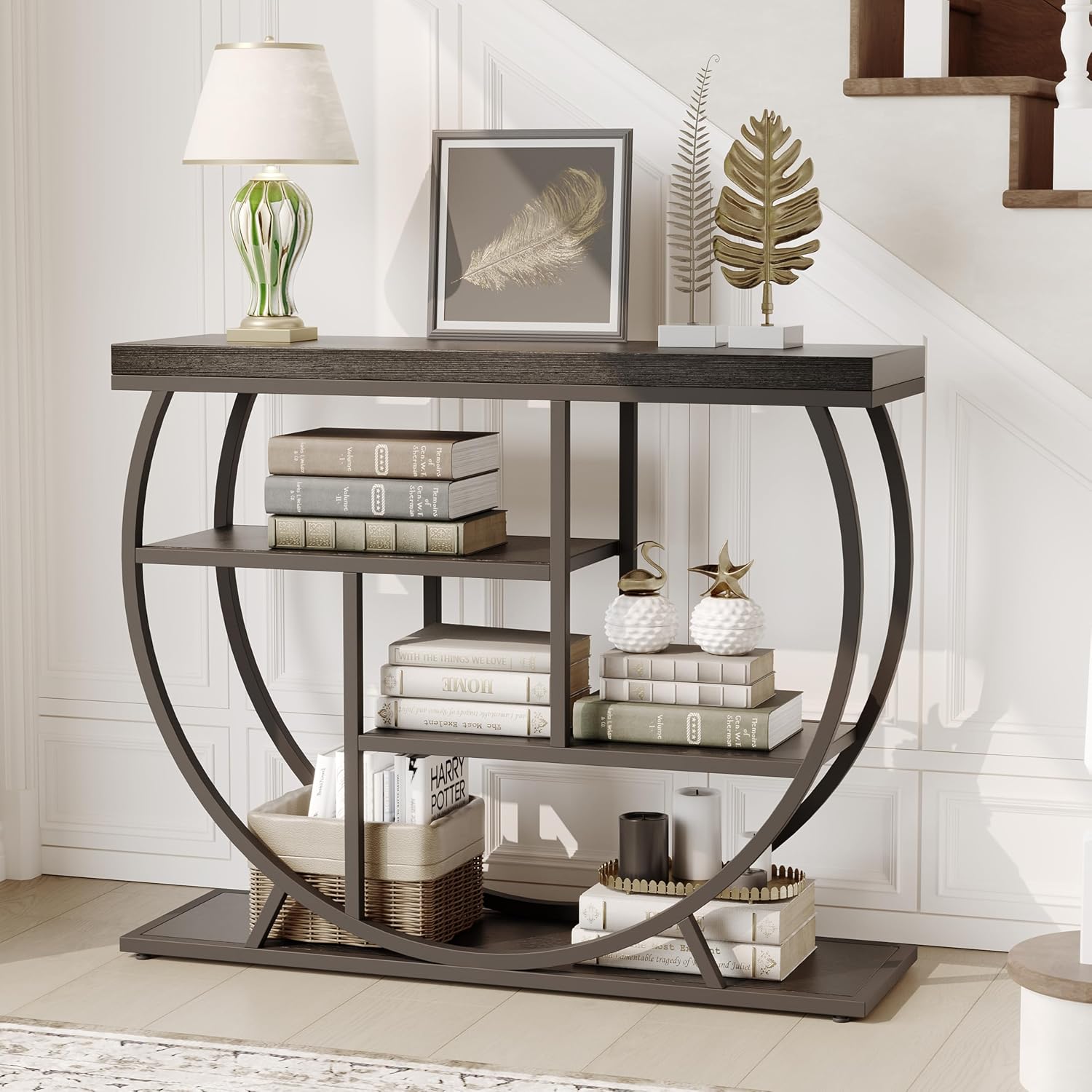 Garvee Entryway Table with Storage, Industrial 4-Tier Narrow Console Table Behind Couch with Half-Circle Base & Storage Shelves for Living Room, Hallway, Foyer
