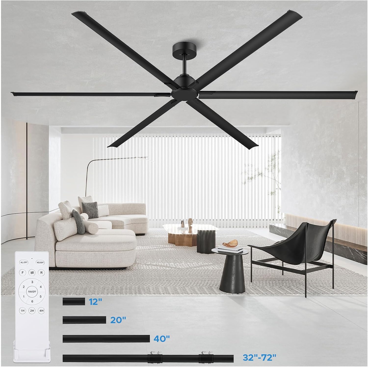108 Inch Industrial Ceiling Fan, Large Commercial Ceiling Fan with 6 Aluminum Blades, HVLS Shop Fan for Garage Warehouse Gym, Quiet Reversible DC Motor, 6-Speed Remote, 3 Downrods, Black