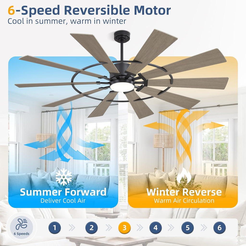 WINGBO 72' Windmill Ceiling Fan with Lights, 3 Downrod, 6-Speed Reversible DC Motor, 3CCT, 10 Blade Indoor Farmhouse DC Ceiling Fans for Kitchen Bedroom Living Room Patio, Matte Black and Grey