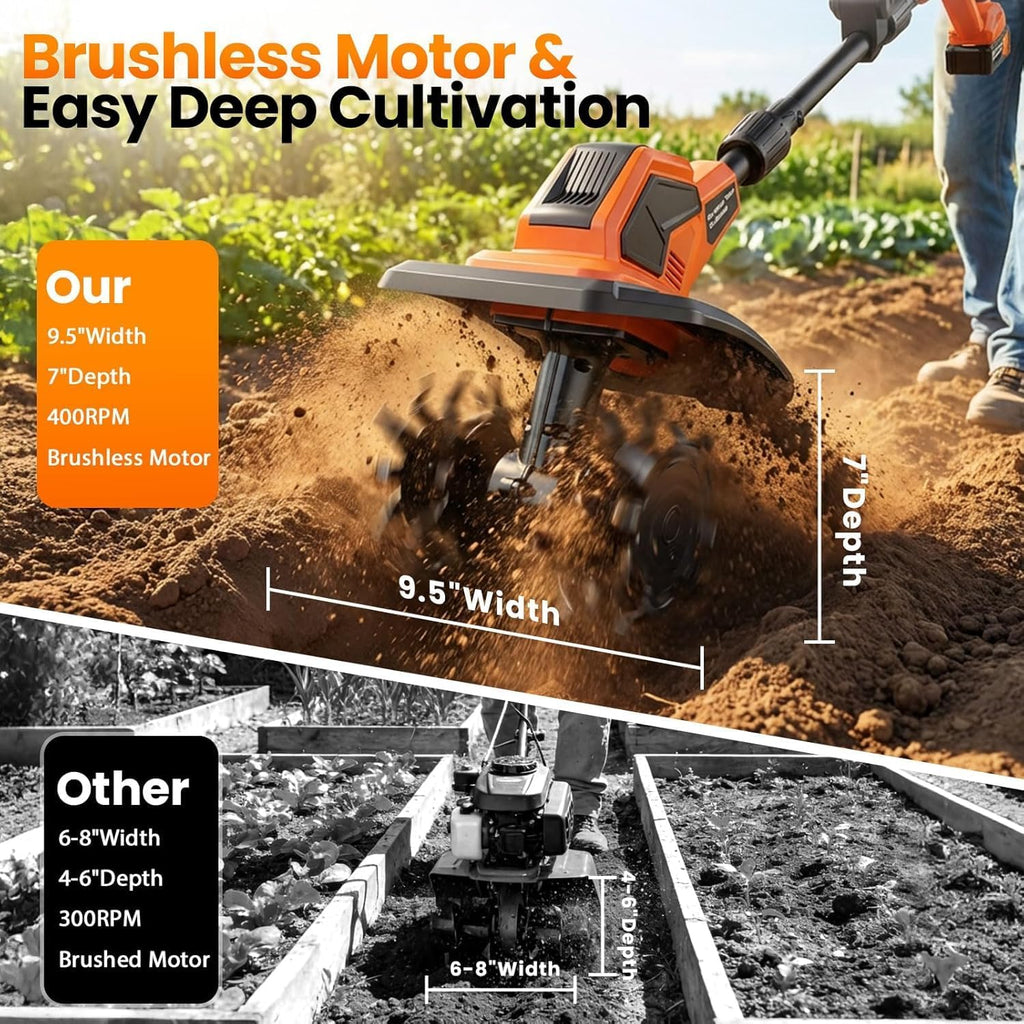 20V Cordlees Tiller Cultivator for Gardening, 400RPM Brushless Electric Garden Tiller Battery Powered((2*3.0Ah Battery&Charger), 9.5'Width 7'Depth, Garden Rototiller for Yard/Lawn/Soil Tiller (Orange)